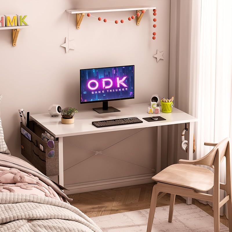 ODK Kompakt Íróasztal, 100 x 48 cm Számítógépasztal Fejhallgató Tartóval, Fehér Munkaasztal Kis Terekbe, Otthoni Iroda Asztal