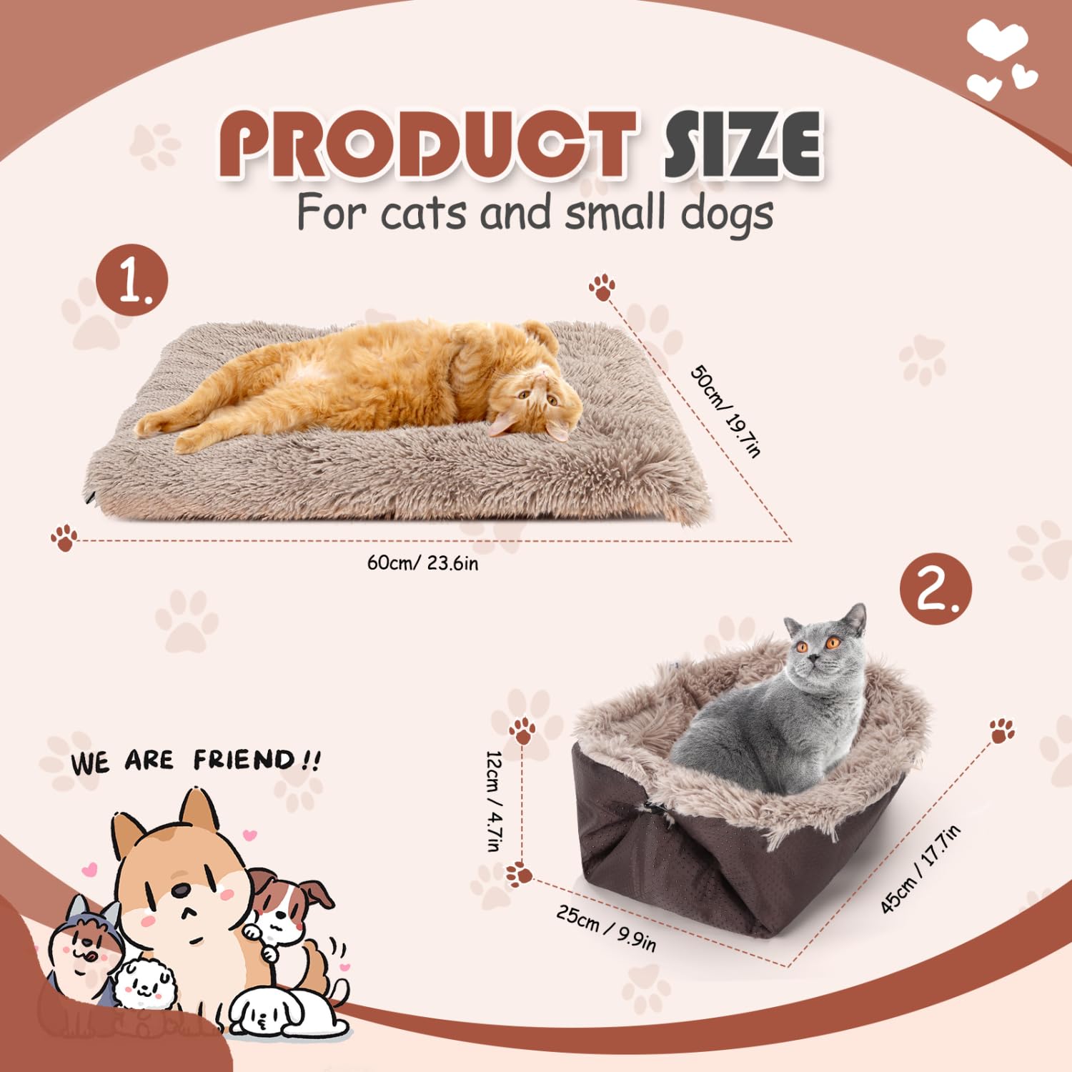 Nobleza 2 in 1 Cuccia per Gatti, Letto per Gatti Cani Pieghevole Peloso, Cuccia Gatto Interno Morbido Antiscivolo Lavabile, Adatto a Gatti Cani di Piccola e Media Taglia, Marrone, 60 x 50cm