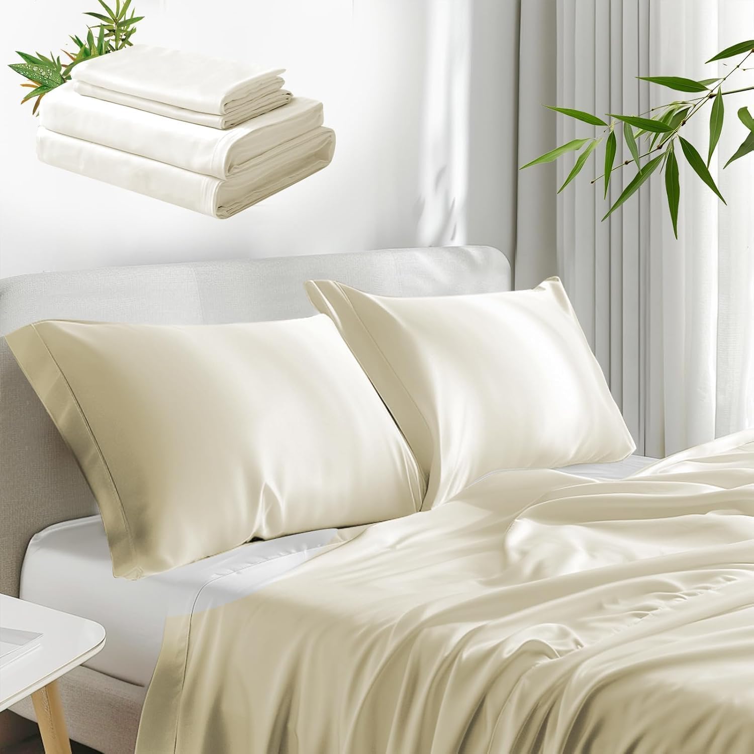 Cooling Sheets Full Size with Elastic Corner Straps, Breathable Silky Soft Sheets 4 Pcs Set,Oeko-Tex Certified - 16 Inch Pockets Cream Bamboo & Polyester Full Sheets Set 4 PCS