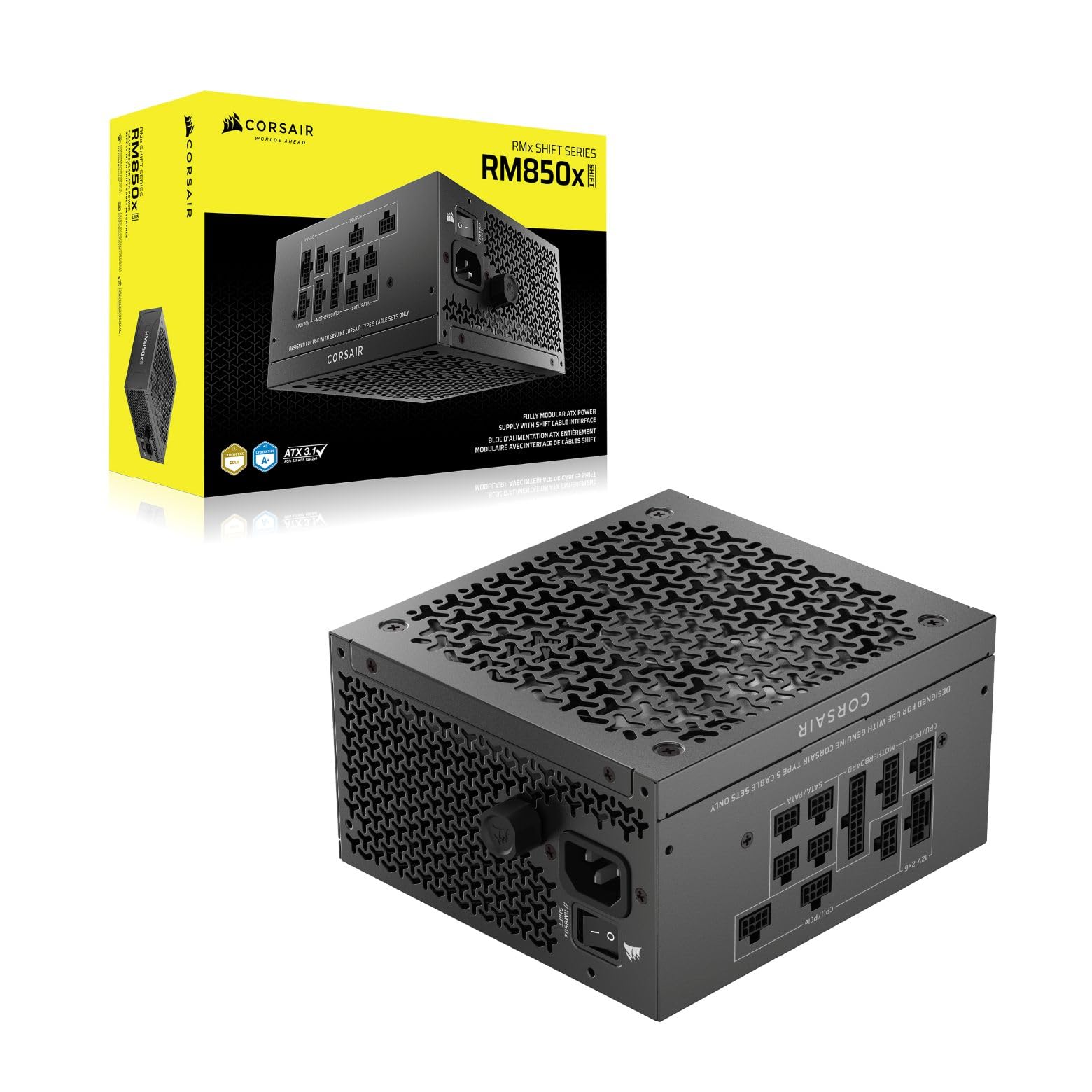 CORSAIR RM850x SHIFT (2025) Alimentatore ATX Completamente Modulare - Interfaccia Laterale Modulare, Cavo Nativo 12V-2x6, ATX 3.1 e PCIe 5.1, Condensatori a 105°C, Cybenetics Gold - Nero