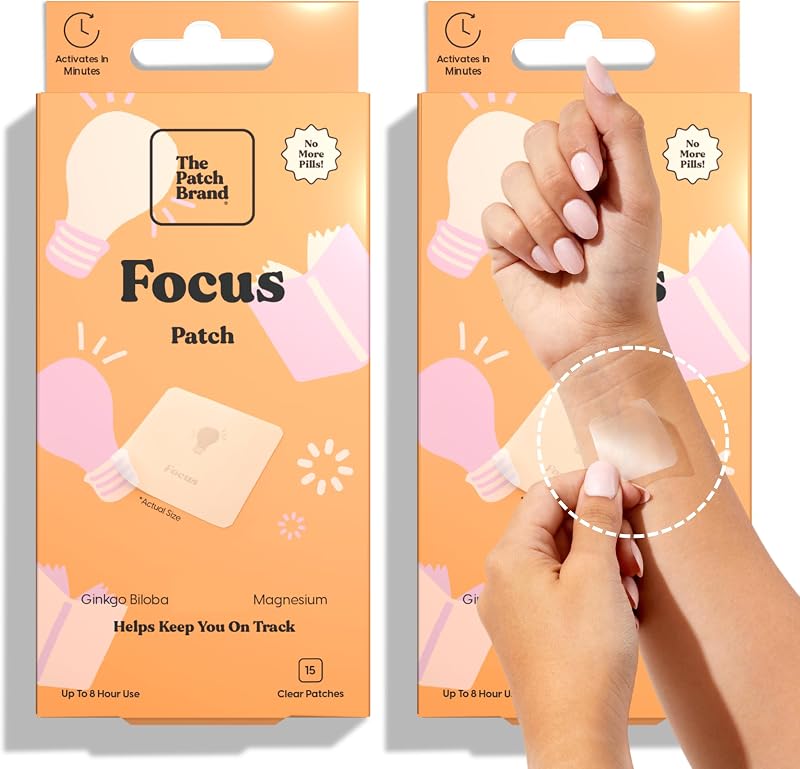 Adesivos The Patch Brand Focus com Ginkgo Biloba, Magnésio e B3, sem cafeína, resistentes à água, 30 unidades