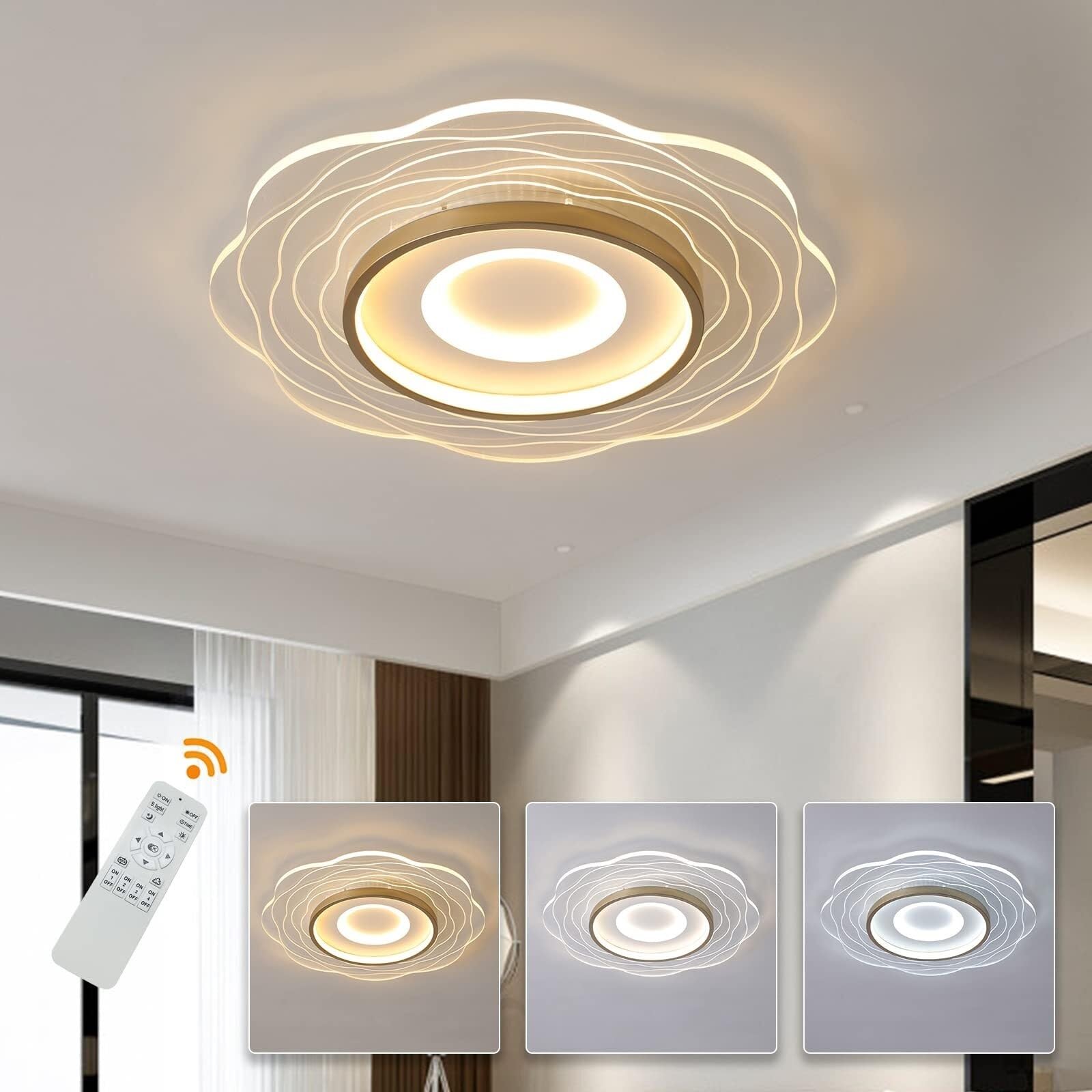 SYAXVOM Ceiling Lighting Modern Flush Mount Light Dimmable Lamp Acrylic Wave Circle Chandelier Fixture for Bedroom(Flower shape)