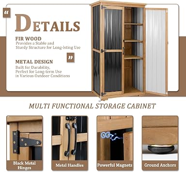 Outdoor Storage Cabinet Weatherproof, Wood & Metal Shed with 3 Shelves | Waterproof Asphalt Roof, Lockable Magnetic Doors, 3 Adjustable Shelves, Adjustable Feet, for Patio, Backyard, Garage, Garden