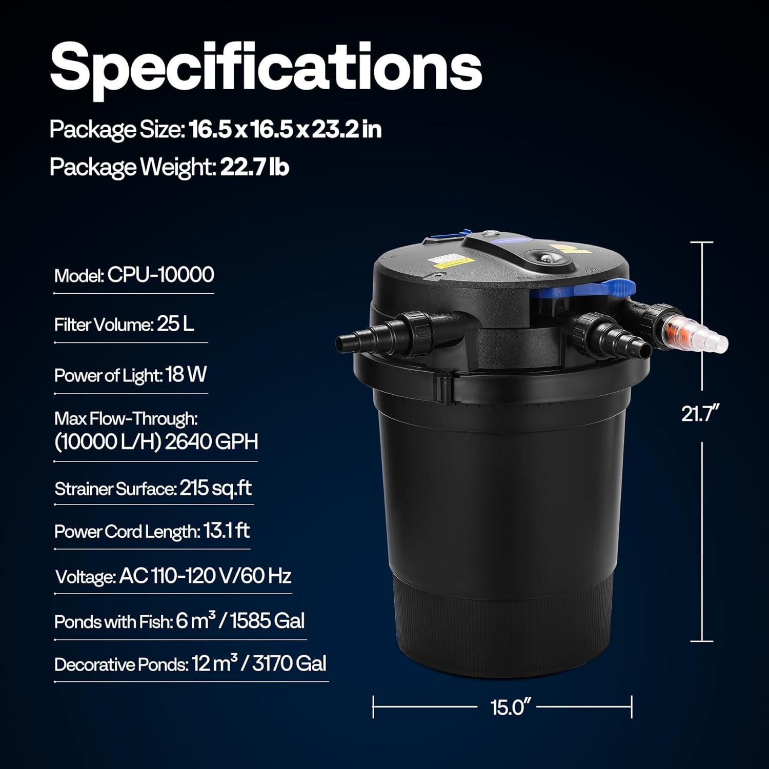 VIVOHOME 2640GPH Auto-Cleaning Pressurized Bio Pond Filter with 18W Light, Timer, Multi-Size Adapters for Koi Ponds up to 1585 Gallons or Ornamental Ponds up to 3170 Gallons
