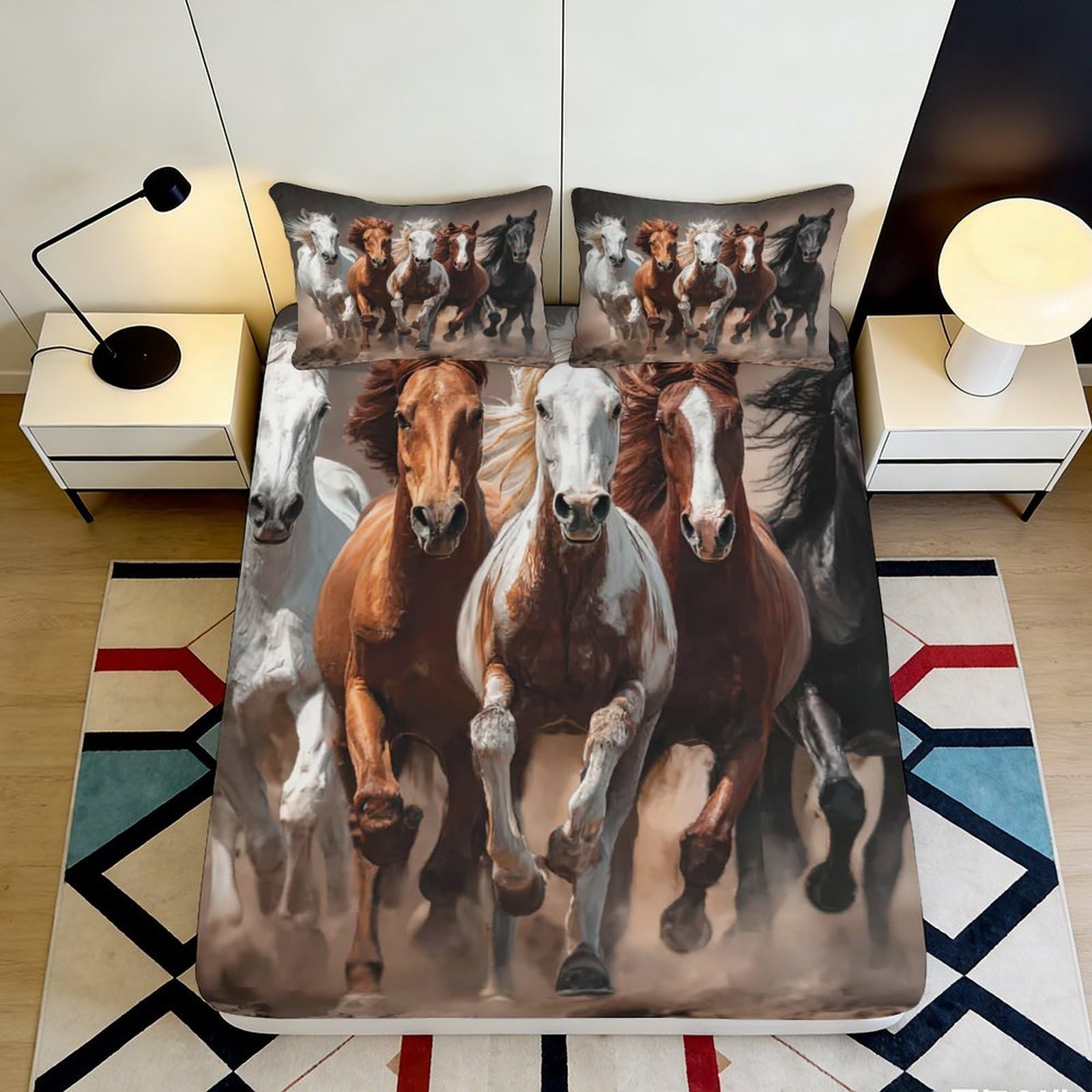 3D Printed Running Horses Fitted Sheet Microfiber Soft Brown White Stallion Bed Cover for Bedroom Guest Room Decor 90x200x25cm