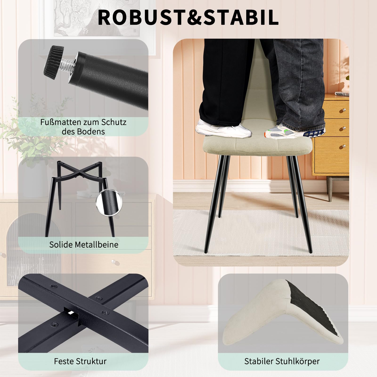 JIJIAN 4er Set Esszimmerstühle, Gepolsterte Stühle mit Leinenstoff und Schwarzen Metallbeinen, Schachbrettmuster, Esszimmerstühle für Esszimmer Wohnzimmer Küche, Beige