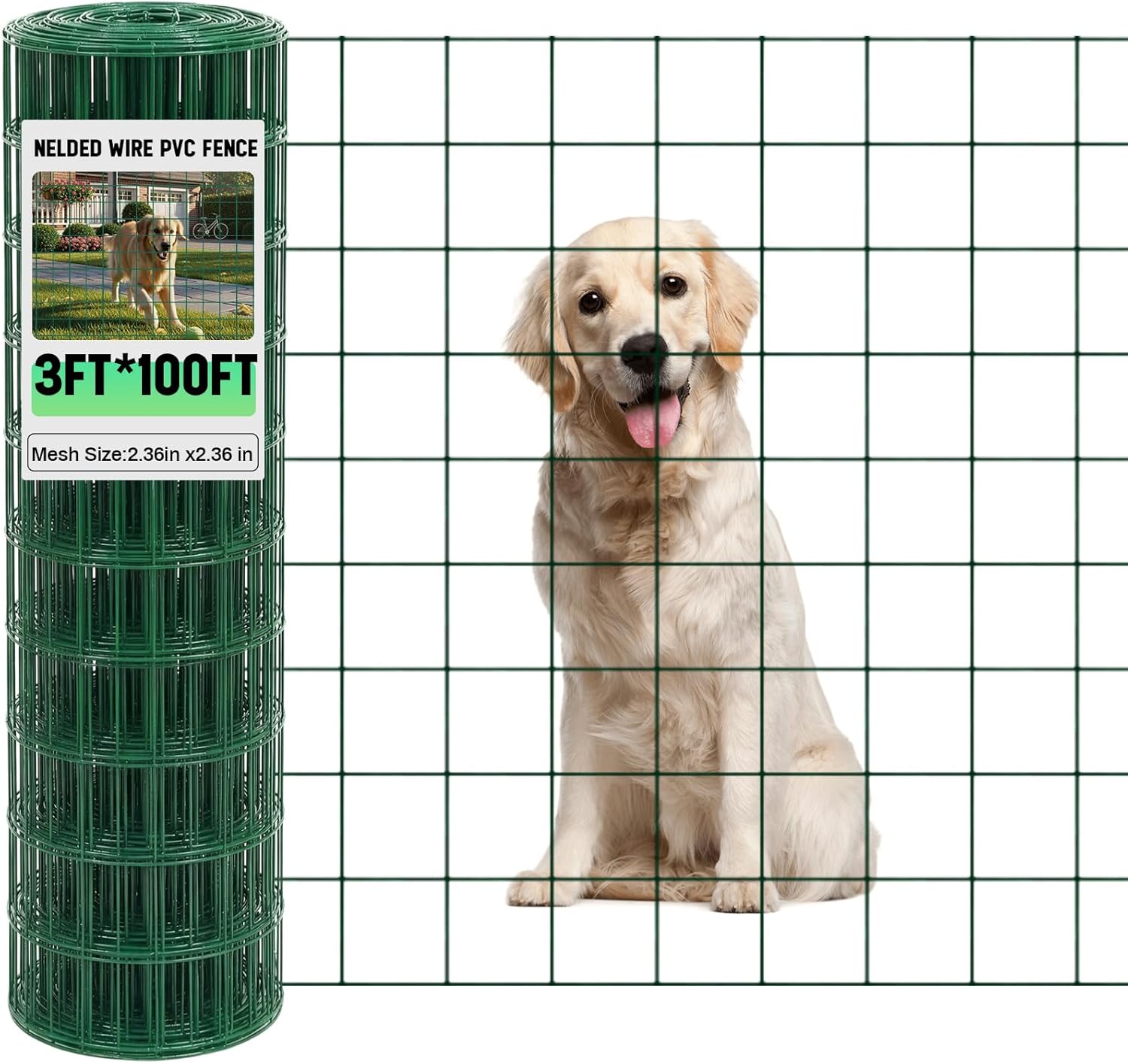 Gisafai 16 Gauge Galvanized Welded Wire Fence 3 ft x 100 ft PVC Coated Hardware Cloth, 2.36" x 2.36" Mesh, Heavy Duty Garden Fencing Roll for Chicken, Dog Yard, Deer Cattle & Animal Protection(Green)