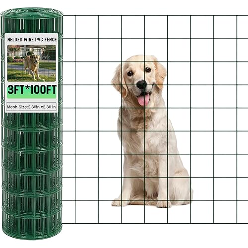 Gisafai 16 Gauge Galvanized Welded Wire Fence 3 ft x 100 ft PVC Coated Hardware Cloth, 2.36" x 2.36" Mesh, Heavy Duty Garden Fencing Roll for Chicken, Dog Yard, Deer Cattle & Animal Protection(Green)