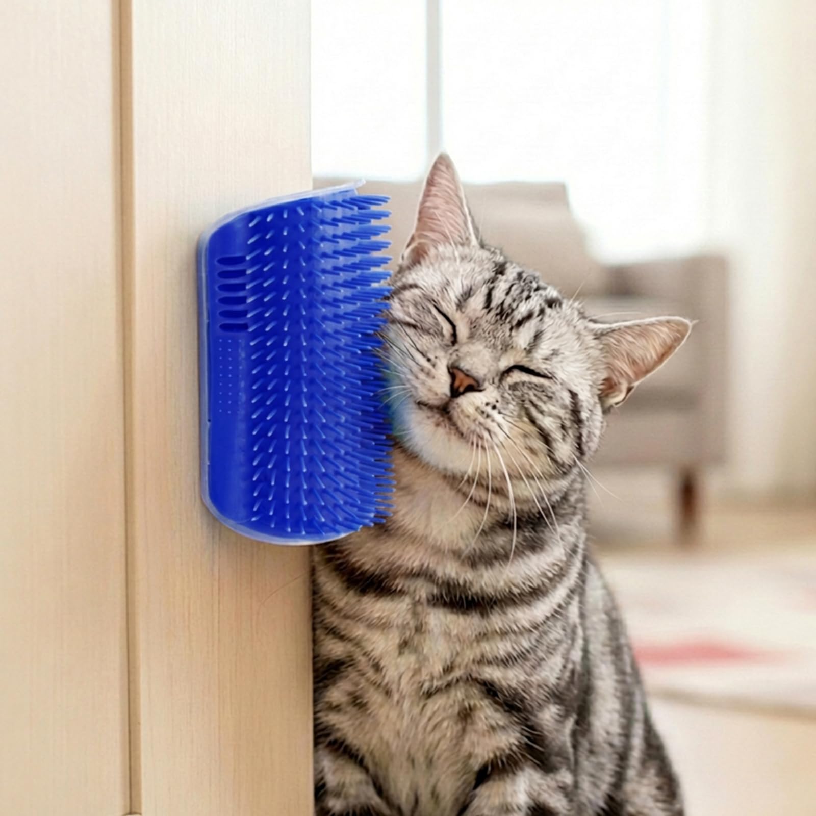Wall Mounted Cat Corner Scratcher with Catnip, Soft Bristle Self Cleaning Massage Tool for Long and Short Haired Cats (Blue)