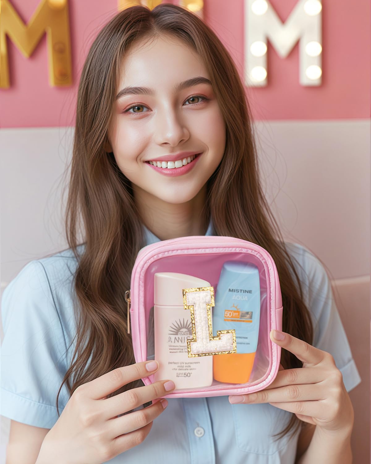 KOTORA Mini Initial Makeup Bag | Travel Toiletry Bag | Clear Makeup Bag | Travel Essentials Gifts for Women Teen Girlfriend Teacher Brithday Gifts | Clear Toiletry Bag Small Mini Cosmetic Bag Pink - Image 6