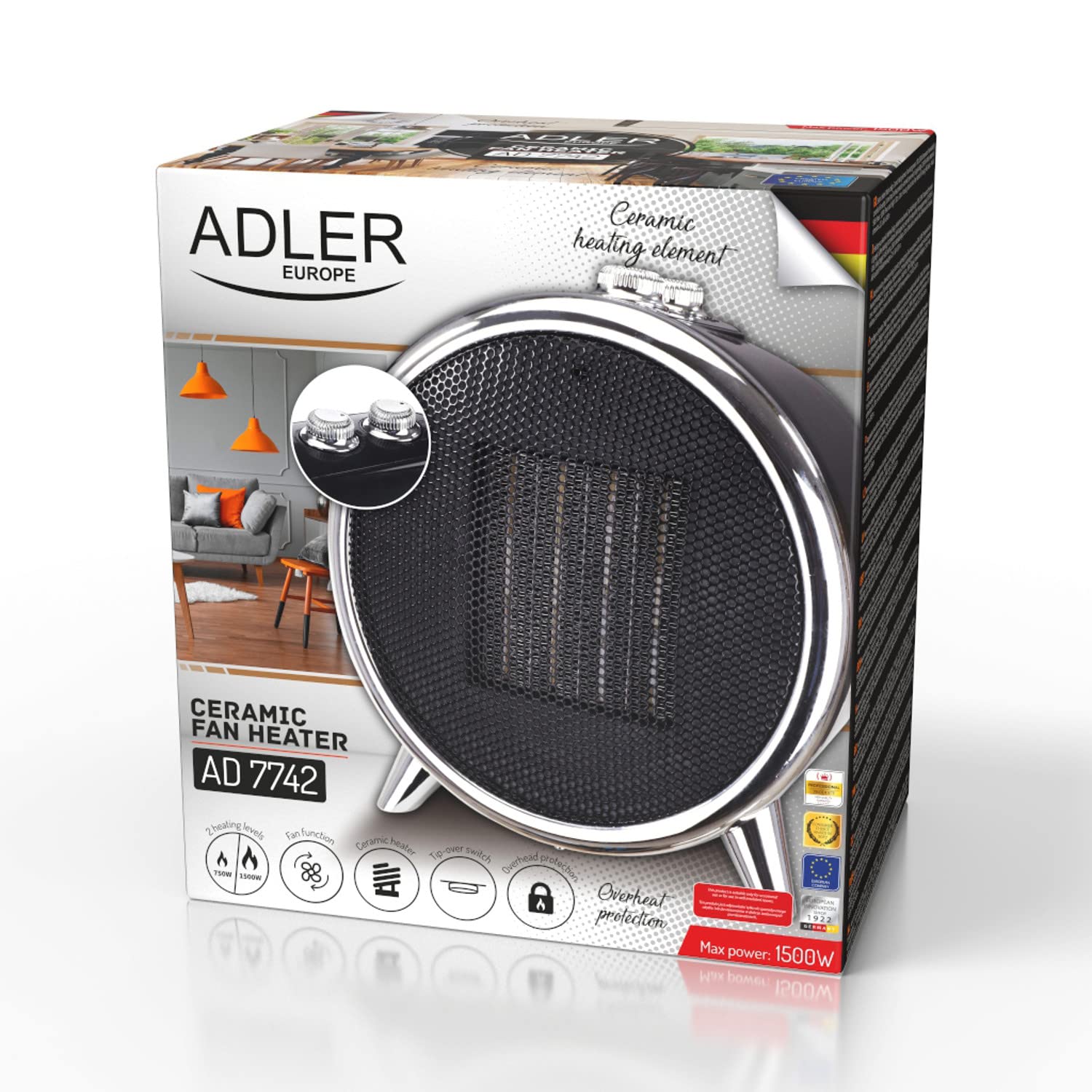 ADLER Termoventilatore a ceramica, Potenza max 1500 W, interruttore a levetta, nero