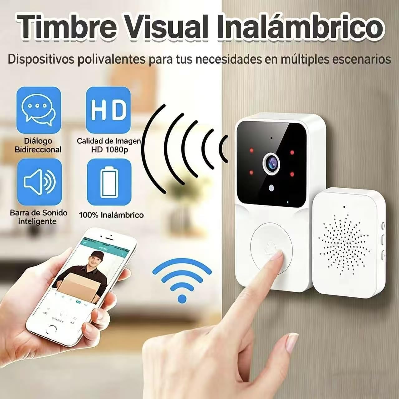 Genérico Timbre Inalámbrico Exterior Impermeable con Cámara HD 1080P - Videoportero WiFi con Visión Nocturna, Visión Nocturna, Audio bidireccional, Instalación Fácil por App Cuenta Propia