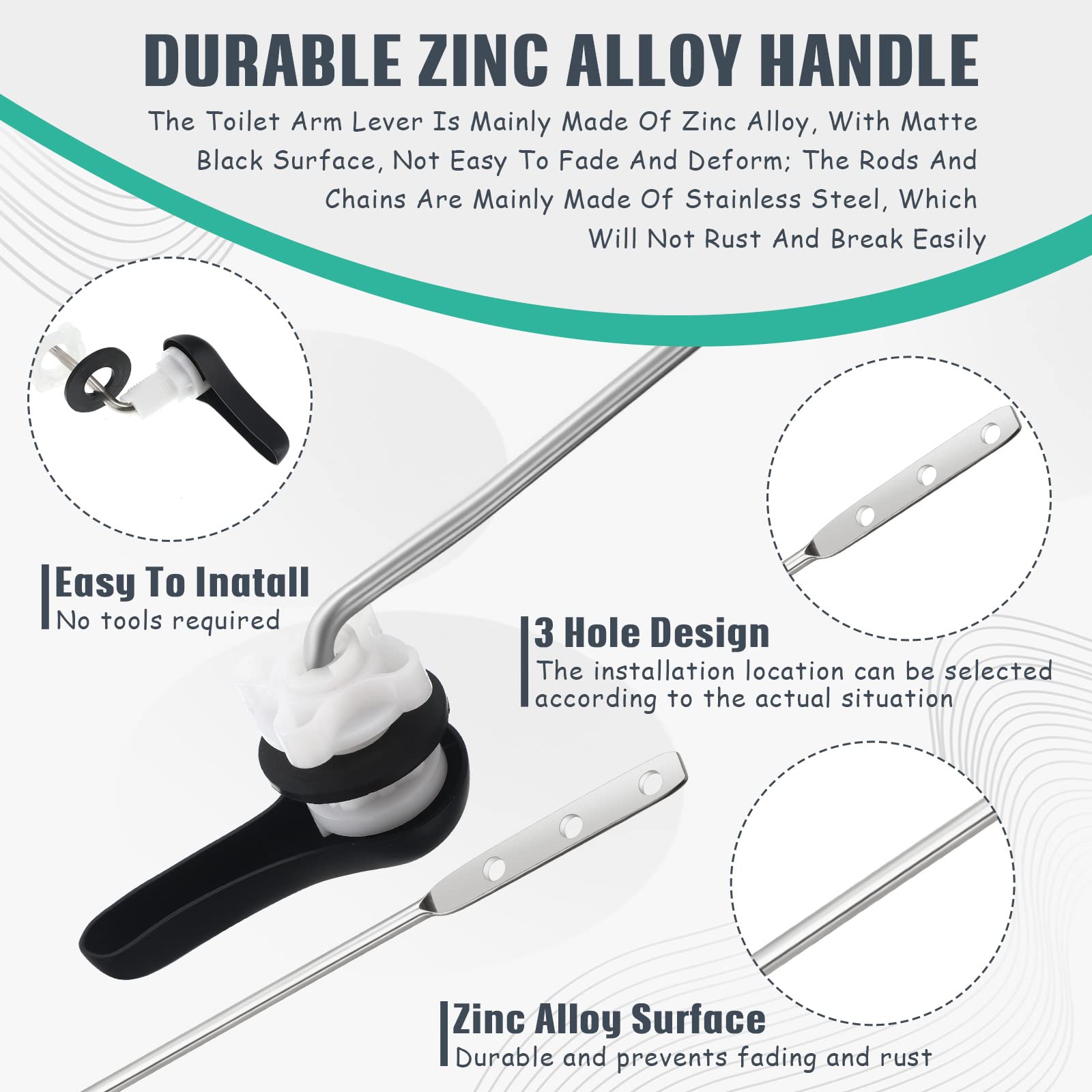 Toilet Handle Replacement Kit – Side Mount Trip Lever, Matte Black, With Stainless Steel Chain, Seal Gasket, And Nut – Universal Fit