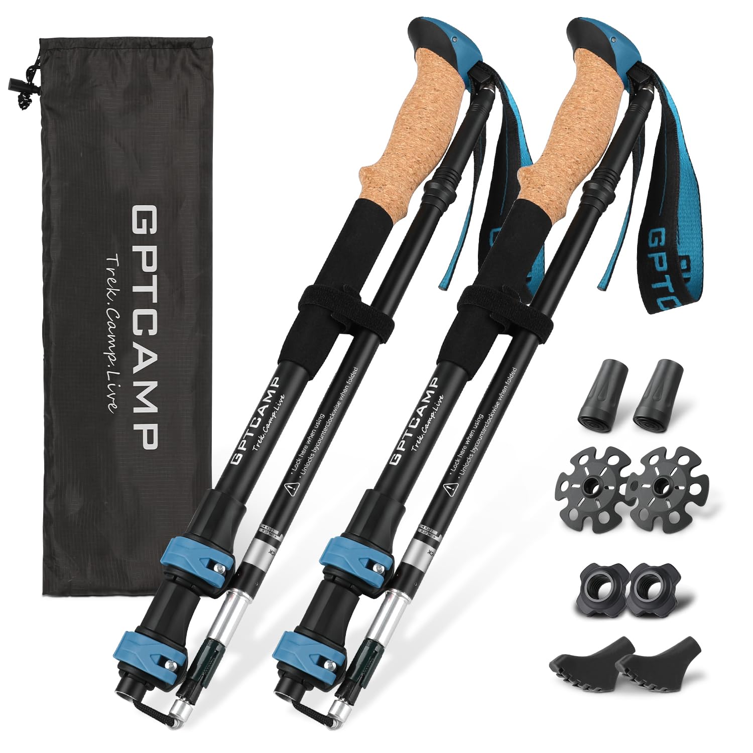 GPTCAMP Walking Sticks,Trekking Poles Collapsible Hiking Poles,Lightweight Folding Travel Walking Pole for Men Women,2pc Adjustable Hiking Stick with EVA Foam Grips for Backpacking