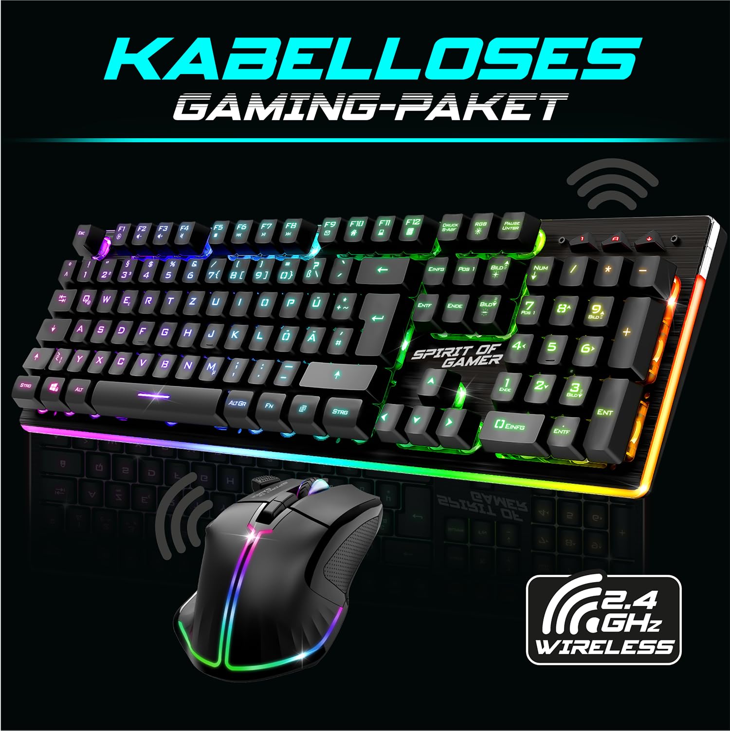 SPIRIT OF GAMER x Ultimate 600 | Gaming Tastatur Maus Set Kabellos Schwarz Wiederaufladbar RGB | DE Layout | Semi Mechanisch | Aluminiumplatte | 4800 DPI Wireless Mouse | Für PS5, PS4, PC, Xbox