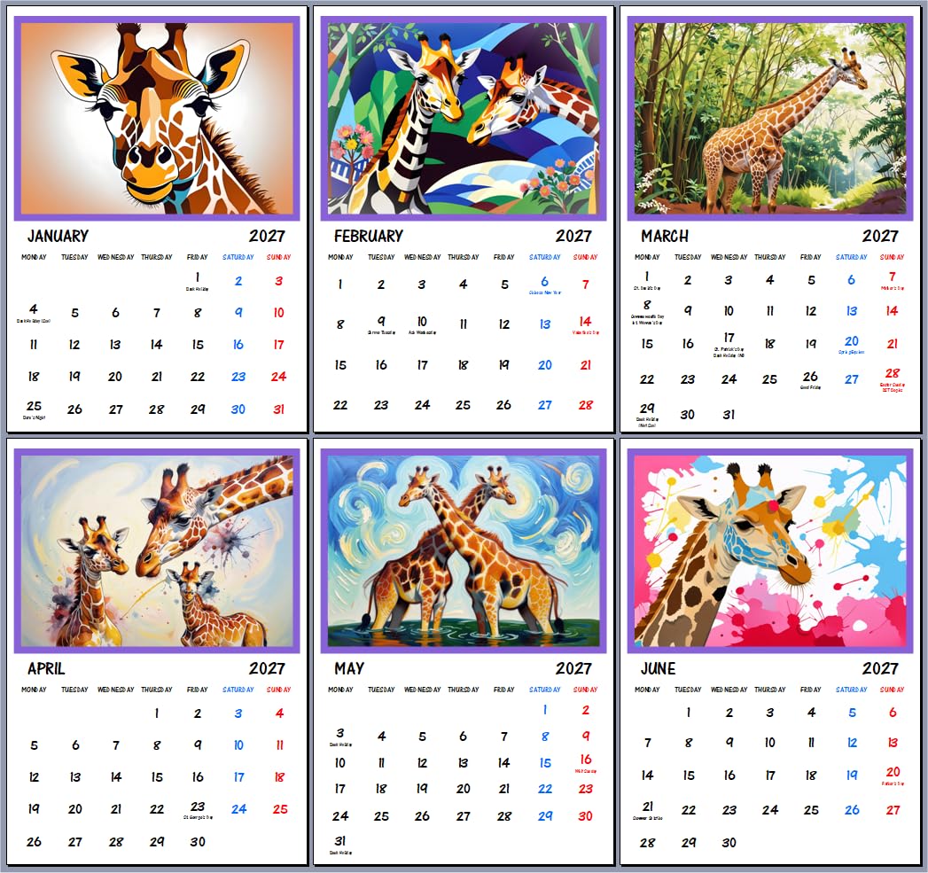 Giraffes 2027 Wall Hanging Art Calendar A4 Size