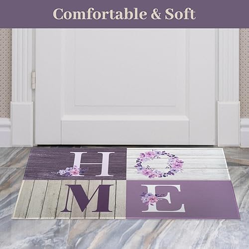 Miniatura 5 de Juego de 2 tapetes de cocina florales, tapetes de cocina modernos de grano de madera para el suelo, alfombras de pasillo color morado lavanda,