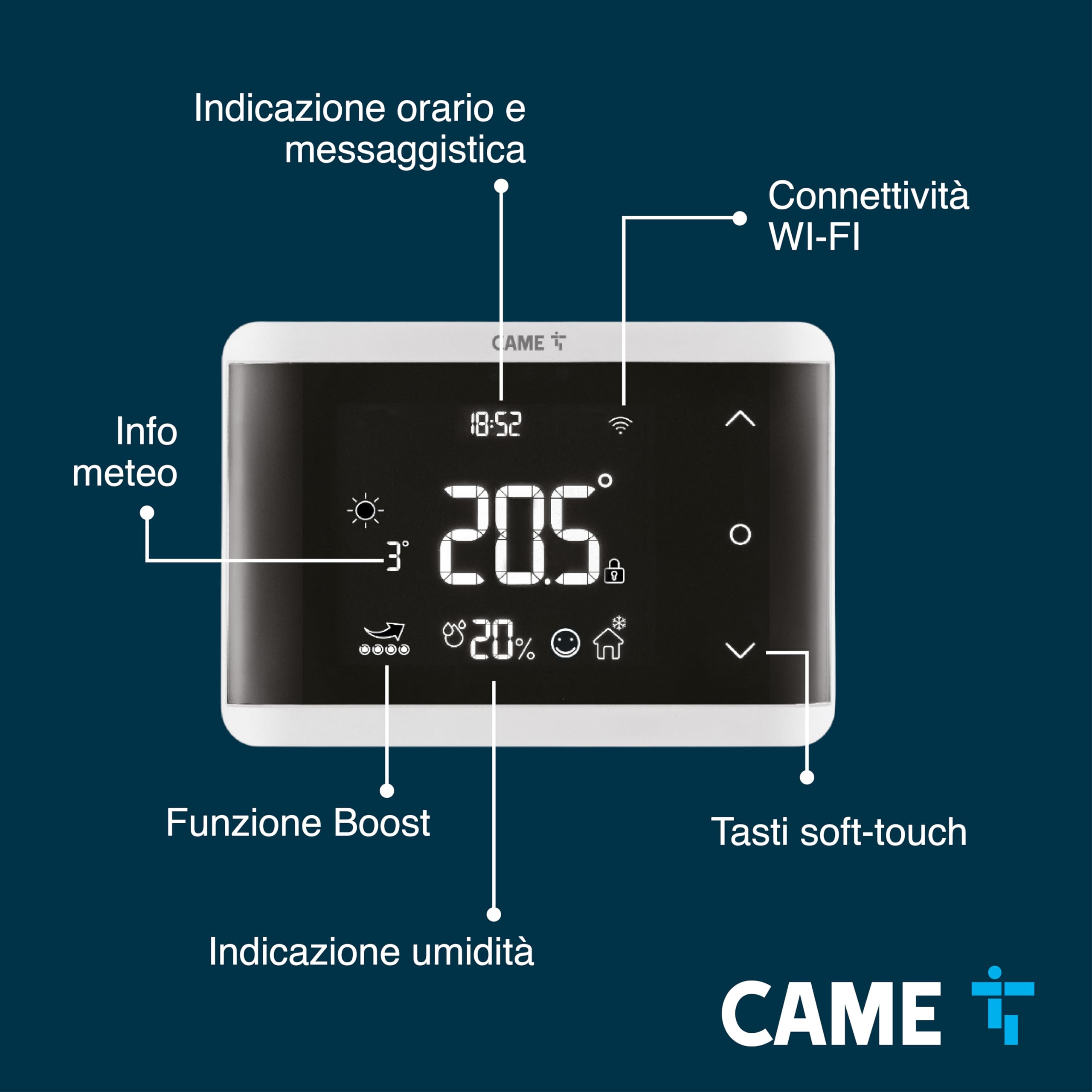 CAME Cronotermostato TH/750 Digitale Wi-Fi da Parete, Doppio Relè per Riscaldamento e Climatizzazione, Compatibile con Alexa e Google, Alimentazione 230 V AC, Bianco