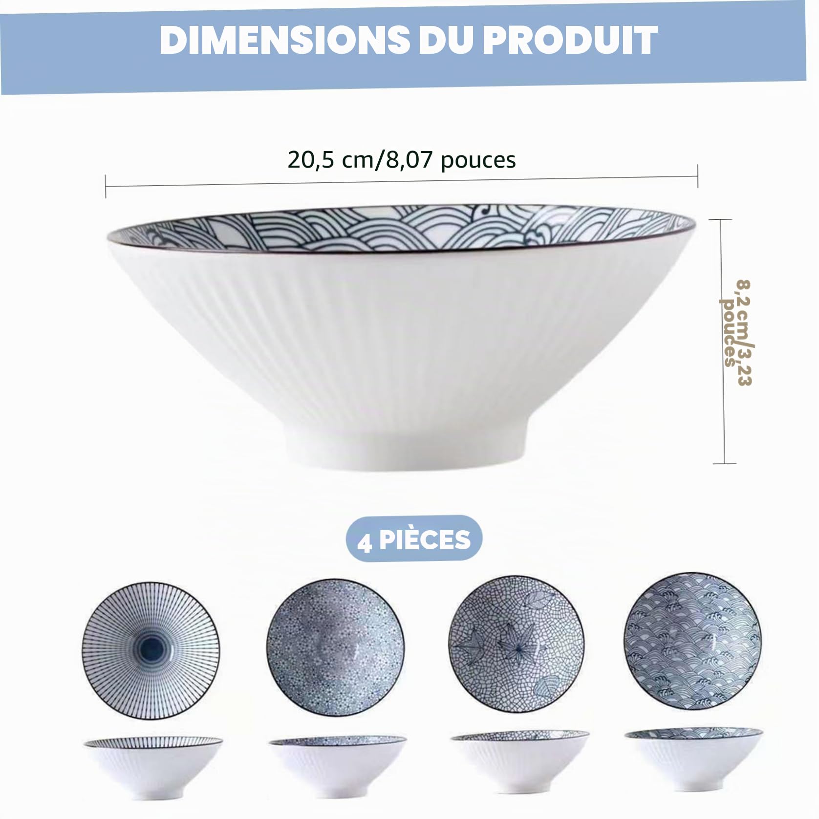 Bols à ramen japonais, lot de 4 bols en céramique de 20 cm, grands polyvalents pour nouilles ramen, rétro japonais pour céréales, soupes et nouilles