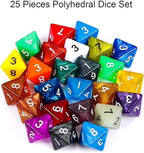 Miniatura 5 de TecUnite Juego de 25 dados poliédricos con bolsa negra para otros juegos de mesa con surtido de varios colores aleatorios (transparente y puntos, 8