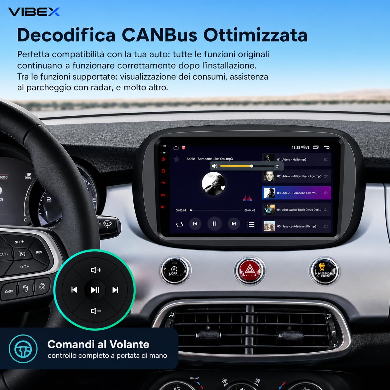VIBEX Autoradio 9" | Android per FIAT 500X 2015-2023, Wireless CarPlay Android Auto | Navigazione GPS | Bluetooth WiFi | Schermo Touch HD Supporto Retrocamera CANBUS |