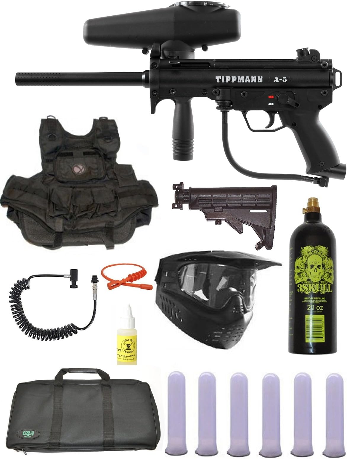 Tippmann A-5 Tactical Vest Paintball Marker Gun Sniper Set w/ Stock