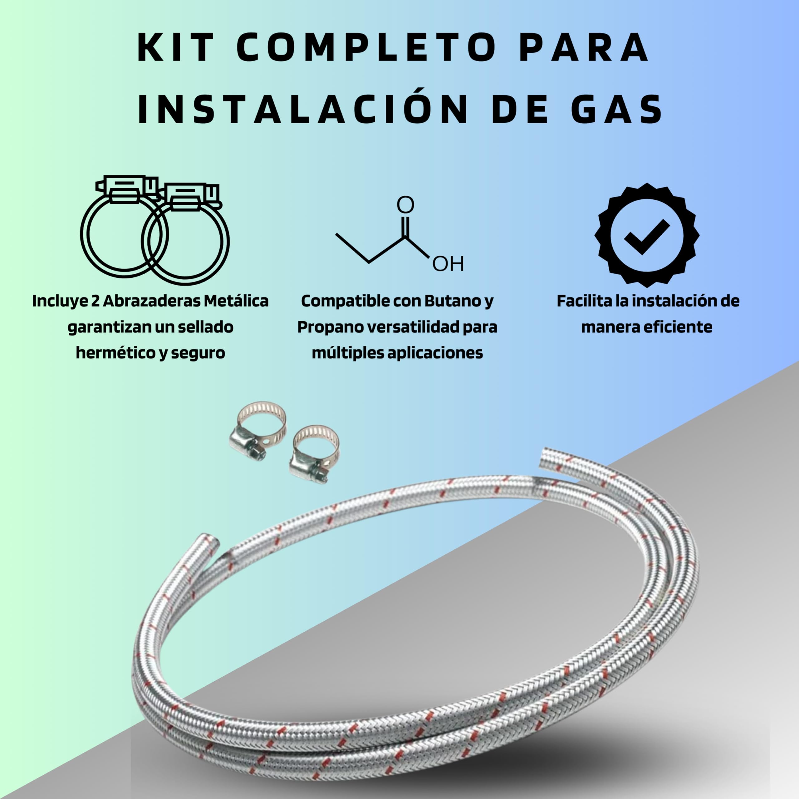 Tubo Gas Butano/Propano Trenzado Metálico 9x16mm 2 Metros - Manguera Blindada Acero para Conexión de Reguladores y Aparatos de Consumo, Apta para Gases Butano y Propano, Ideal para Instalaciones Domés