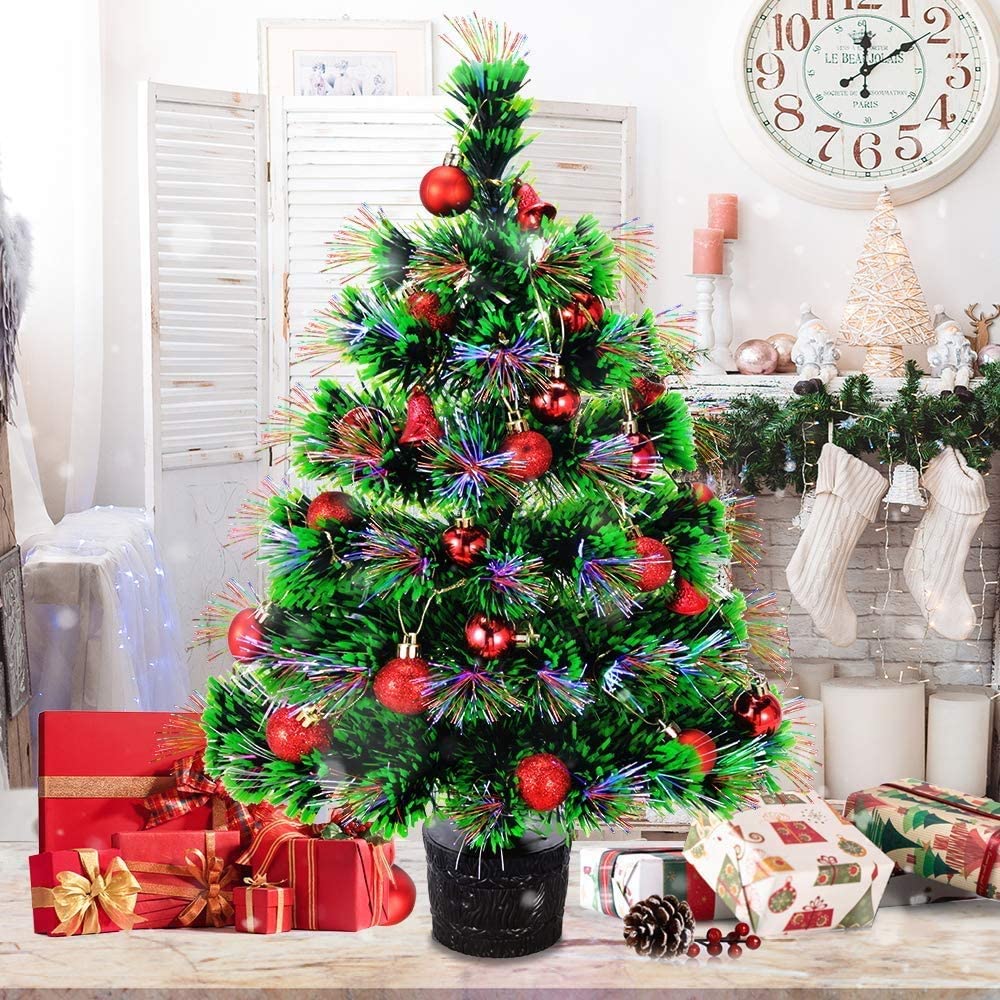 Fiber Optic Mini Xmas Tree, 22'' Pre-lit Artificial Christmas Trees with Base, Balls Ornaments,Small Tree for Home Kitchen Table Decoration