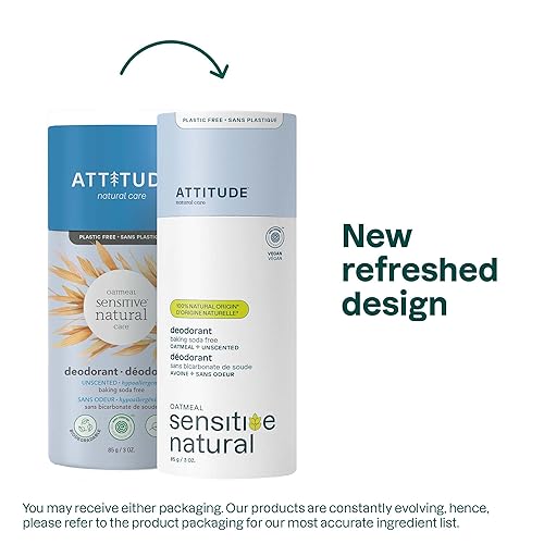 Miniatura 8 de ATTITUDE Desodorante natural sin bicarbonato de sodio y plástico para pieles sensibles, sin aluminio, tubo de cartón, hipoalergénico, aceite de