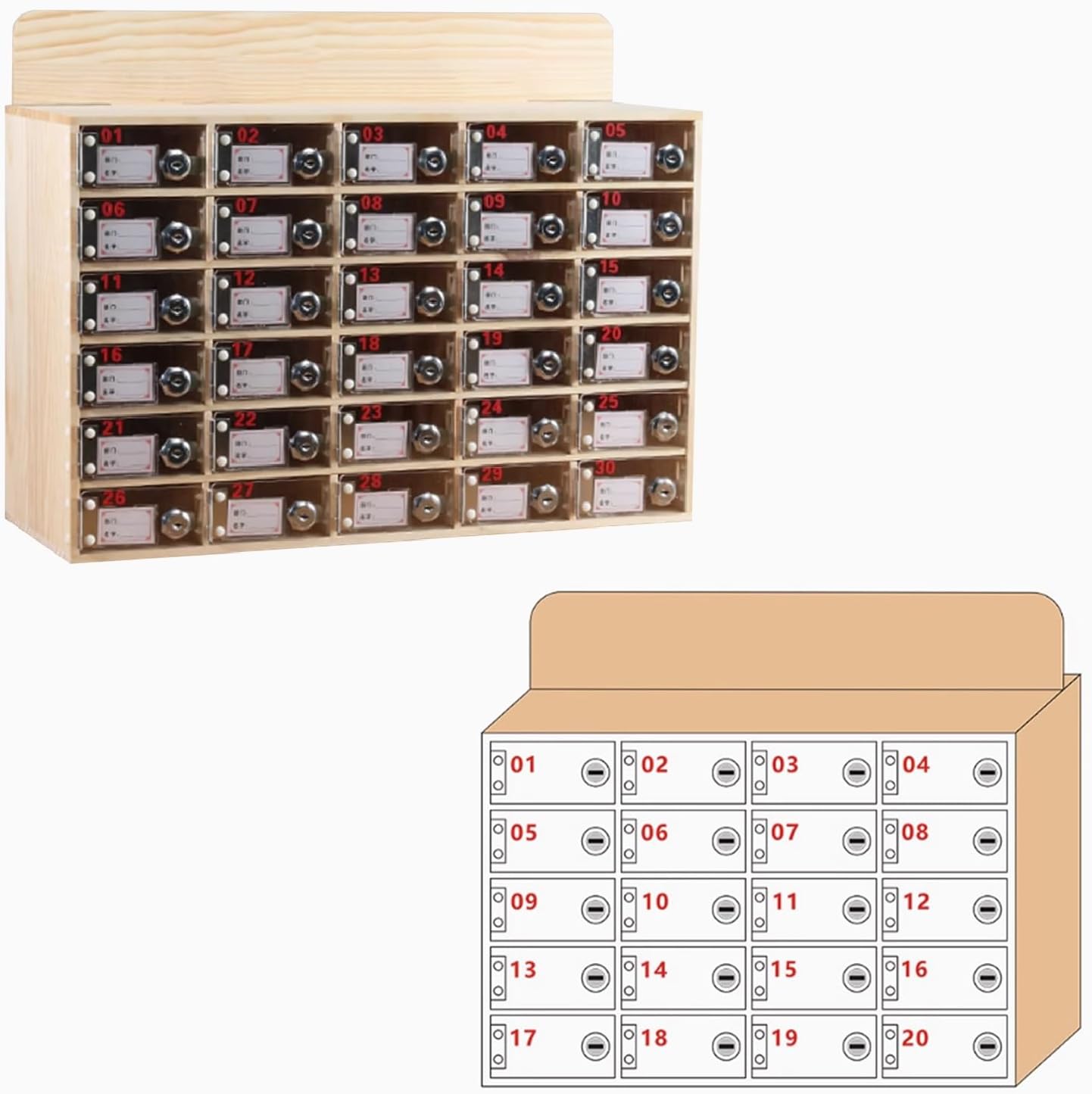 Wooden Cell Phone Locker with Clear Window - Classroom Storage Box for 20 Phones, 6/9/12/15/20/25/30 Slot Options - Secure Cell Phone Storage Solution