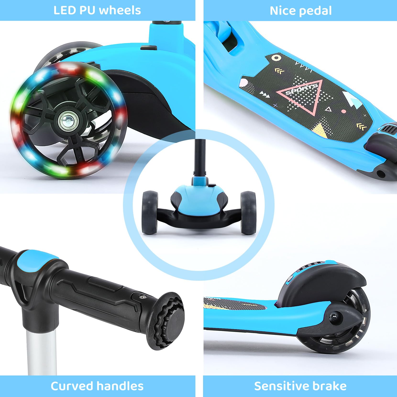 BremToy Patinete para Niños de 1 a 12 Años, Ajuste de Altura Infinito, Patinete con Asiento Extraíble, 3 Ruedas Brillantes LED, Carga Máxima 50KG, Regalos para Niños