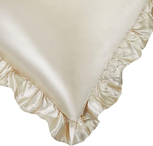 Miniatura 6 de SiinvdaBZX Juego de 2 fundas de almohada de satén con volantes fundas de almohada color beige tamaño estándar fundas de almohada Shabby Chic con
