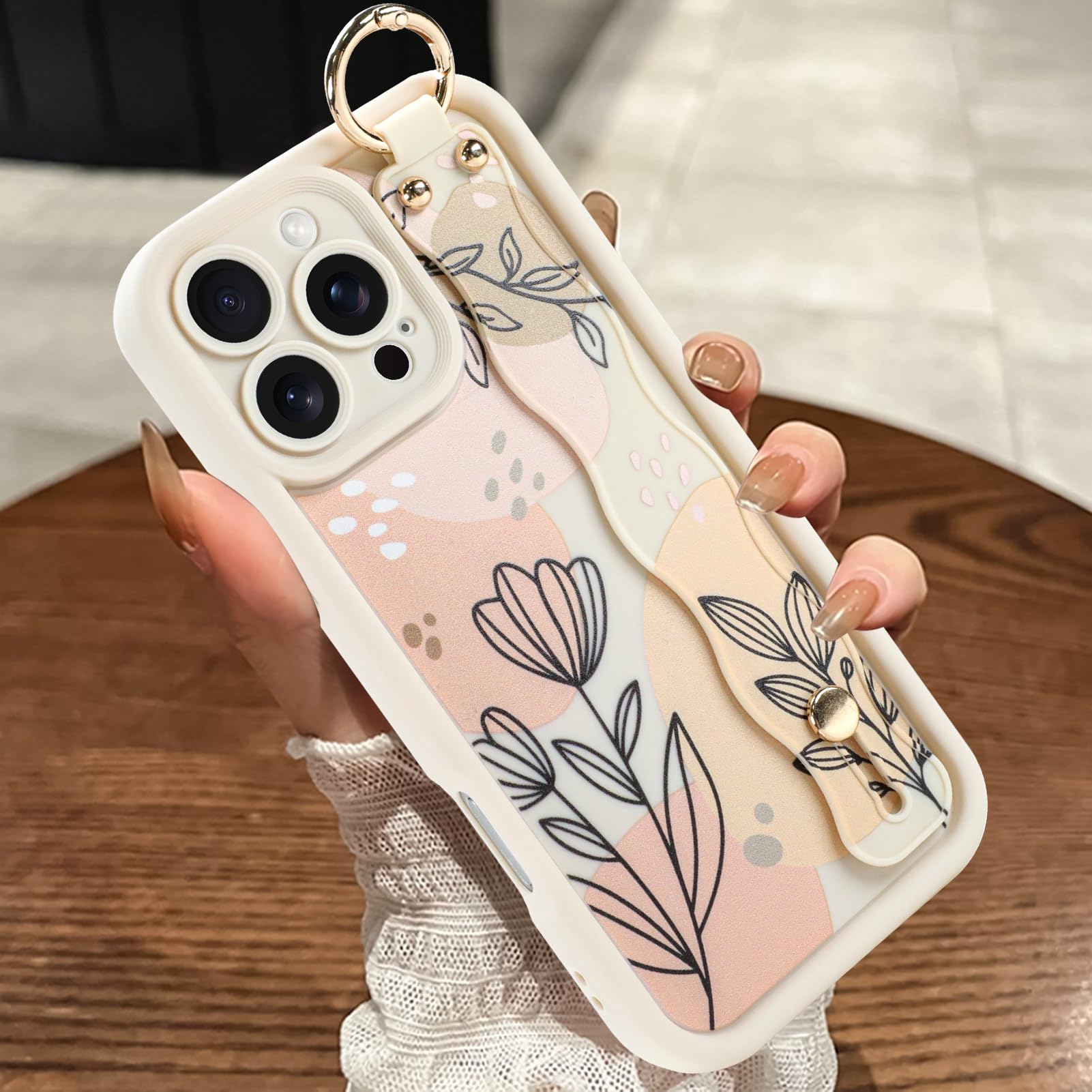 MOWIME Compatible with iPhone 16 Pro Max Case with Wrist Strap, [Upgraded] Adjustable Wristband Kickstand Case for Women Girls, Floral Flower