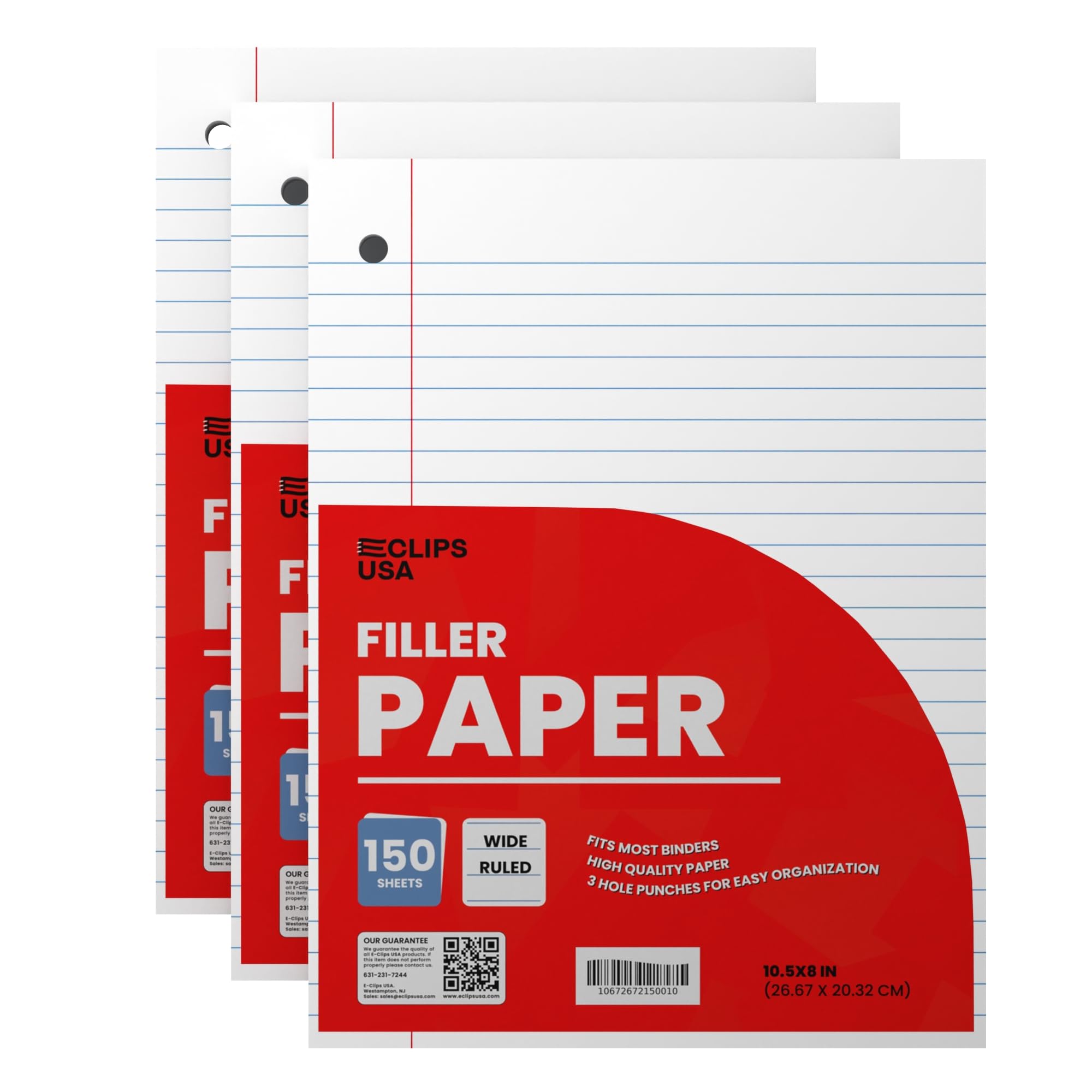 Wide Ruled Loose Leaf Paper Wide Ruled Notebook Paper Lined Writing Filler Paper 10.5” x 8” 56 gsm 450 Sheets 150 Sheet Per Pack (3 Pack)