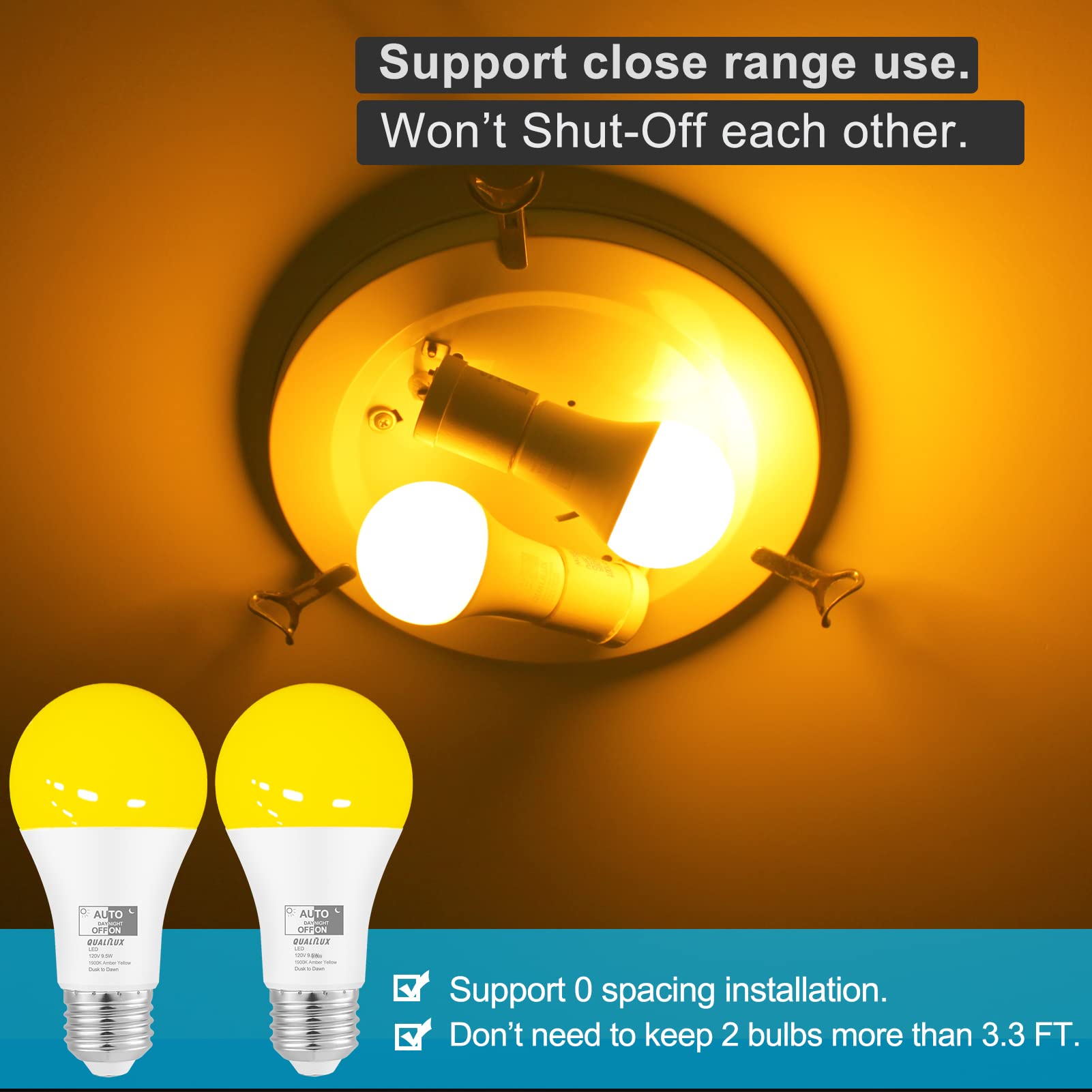 Qualilux Bombillas de insectos del atardecer al amanecer para exteriores, 1900 K amarillo ámbar, 600 lúmenes, LED 9.5 W, A19 E26, paquete de 4, HQ-H018