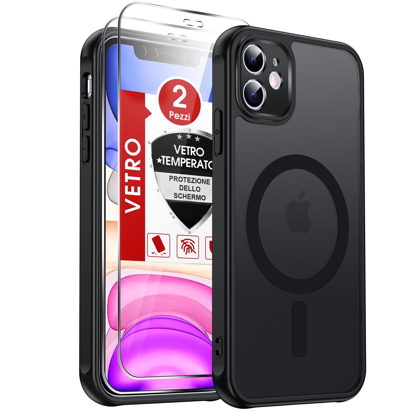 LeYi Cover Magnetica per iPhone 11 con Vetro Temperato,Compatibile con Magsafe Custodia per iPhone 11 Traslucida Opaca Anti-Impronte Resistente ai Graffi Paraurti in TPU Antiurto Protettiva Case, Nero