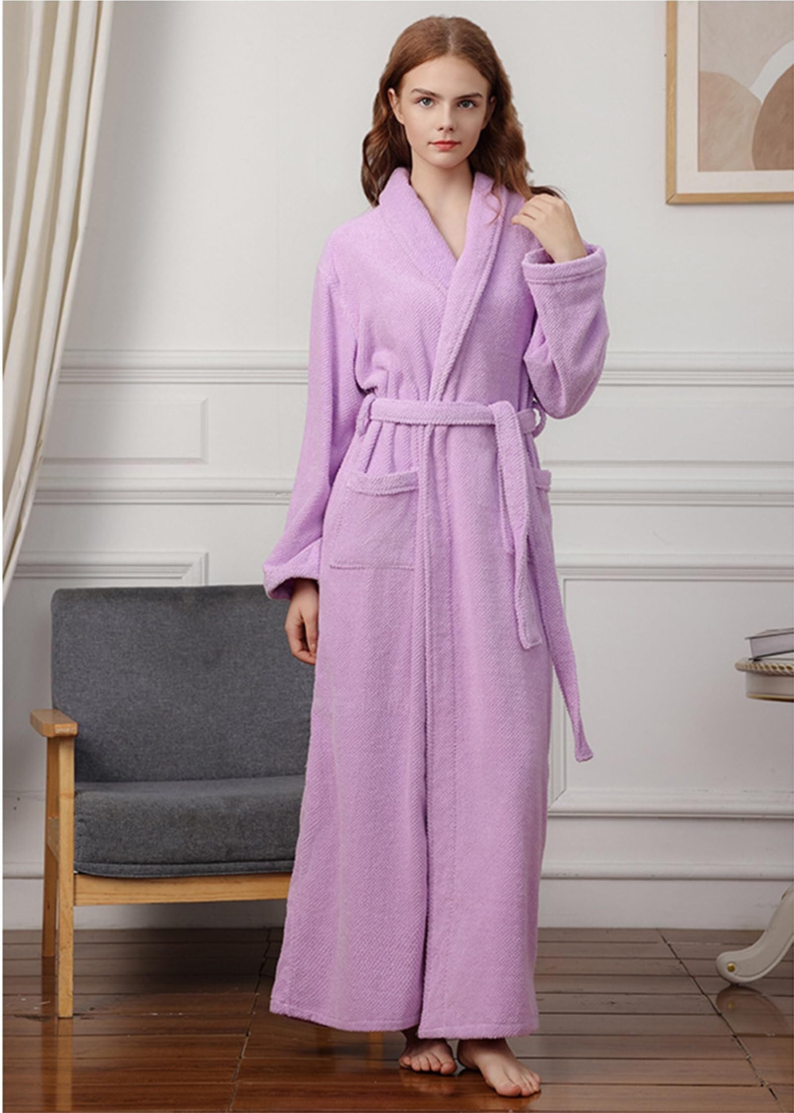 Albornoz suave de longitud completa for mujer, tela de rizo de algodón
