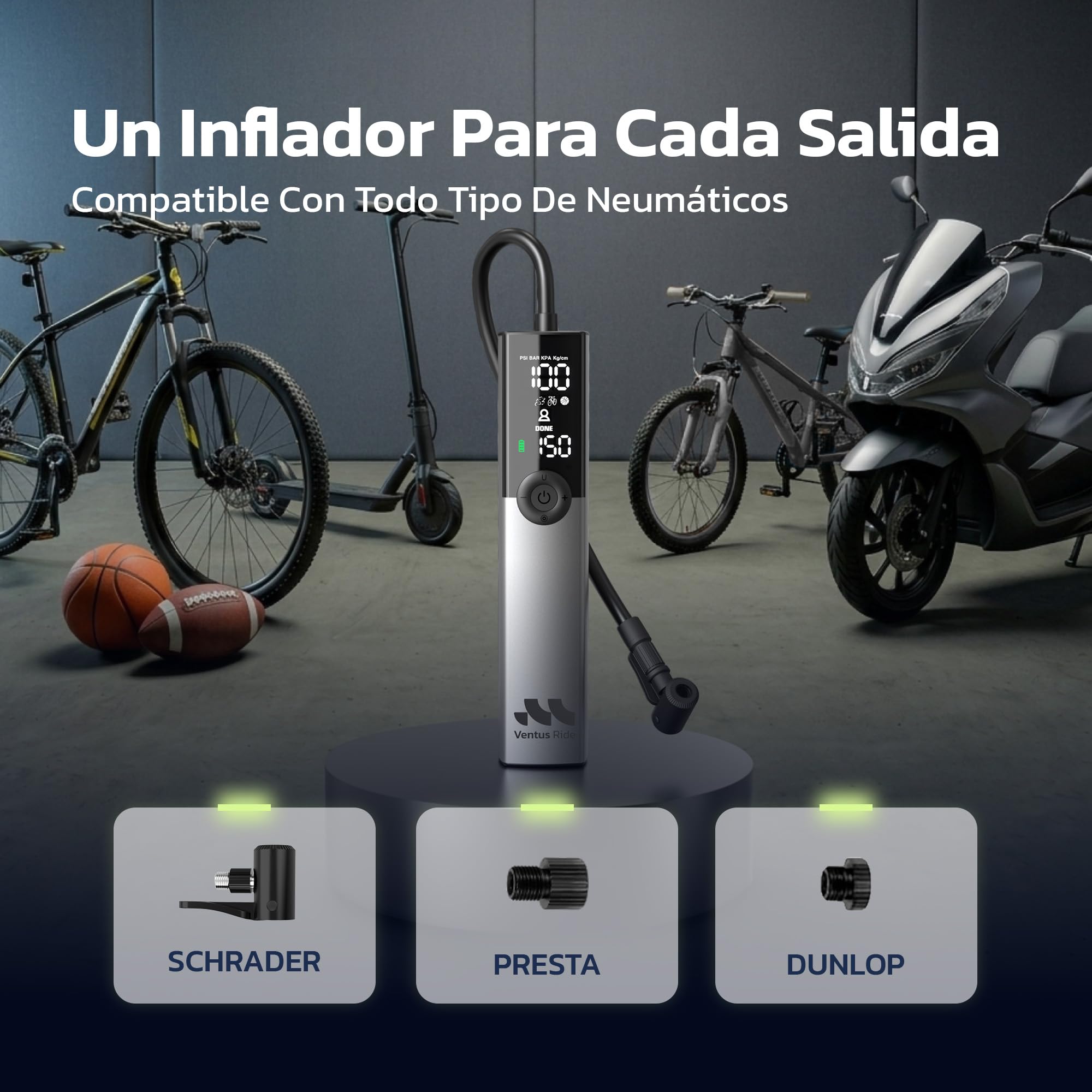 Woowind Ventus Ride Bomba Bicicleta, 150PSI/10,3Bar, Inflador Electrico, Inflado en 1 Minuto, Hinchador Bicicleta, Válvulas Presta, Schrader, Dunlop para Carretera, Montaña, E-bike, Apagado Automático