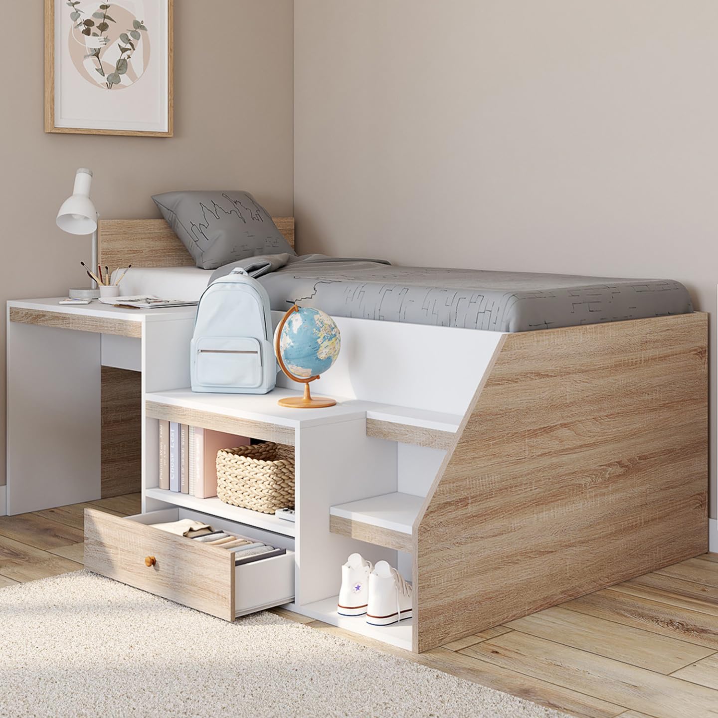 IDMarket - Lit combiné avec sommier, Bureau et Rangement Leopold 90 x 190 cm hêtre et Blanc