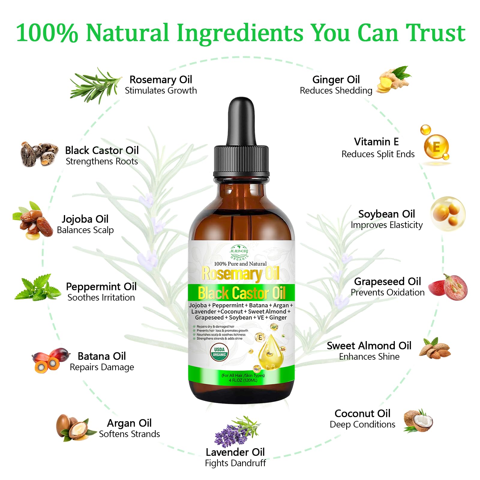 Aceite de romero para el crecimiento del cabello con ricino, mezcla orgánica prensada en frío, aceite natural para el cuero cabelludo, alivia la picazón del cuero cabelludo, repara el cabello seco y 4