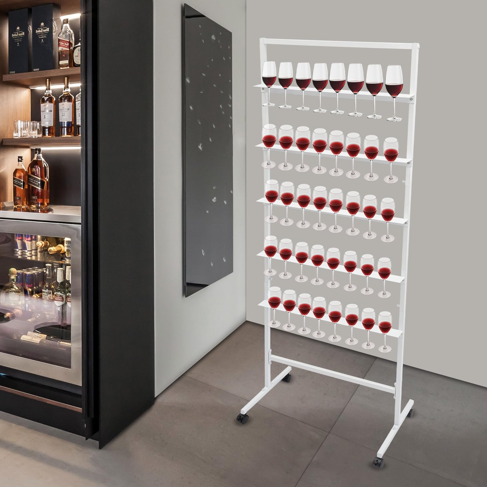 HZOPUTLH White 5 Tiers Champagne Wine Glass Holder, Champagne Tower Stand Up To 40 Glasses, Stemware Rack with Wheels Champagne Flute Holder Display Stand for Bars, Parties