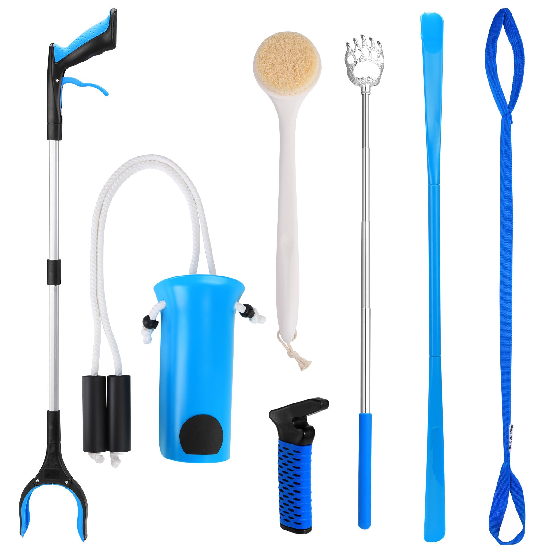 CAidRE Kit di 7 pezzi, kit per la sostituzione totale dell'anca per anziani, ausili per la mobilità con Reacher Grabber, calzascarpe, sollevatore gambe, spazzola doccia, grattaschiena, aiuto per la