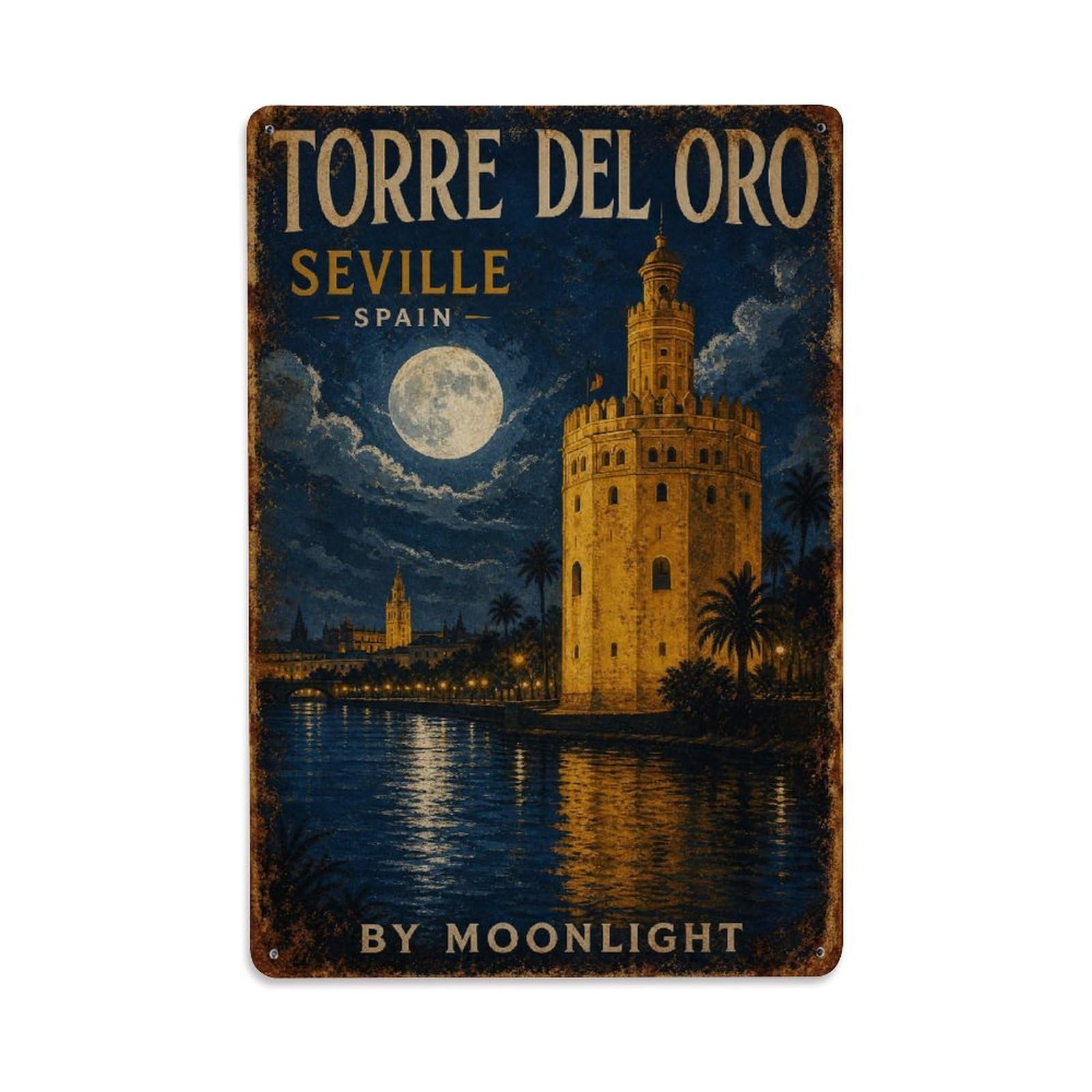 Yrnq 08X12inch Vintage Style Vintage Torre Oro Moonlight Night River Reflections Spain Metal Tin Sign