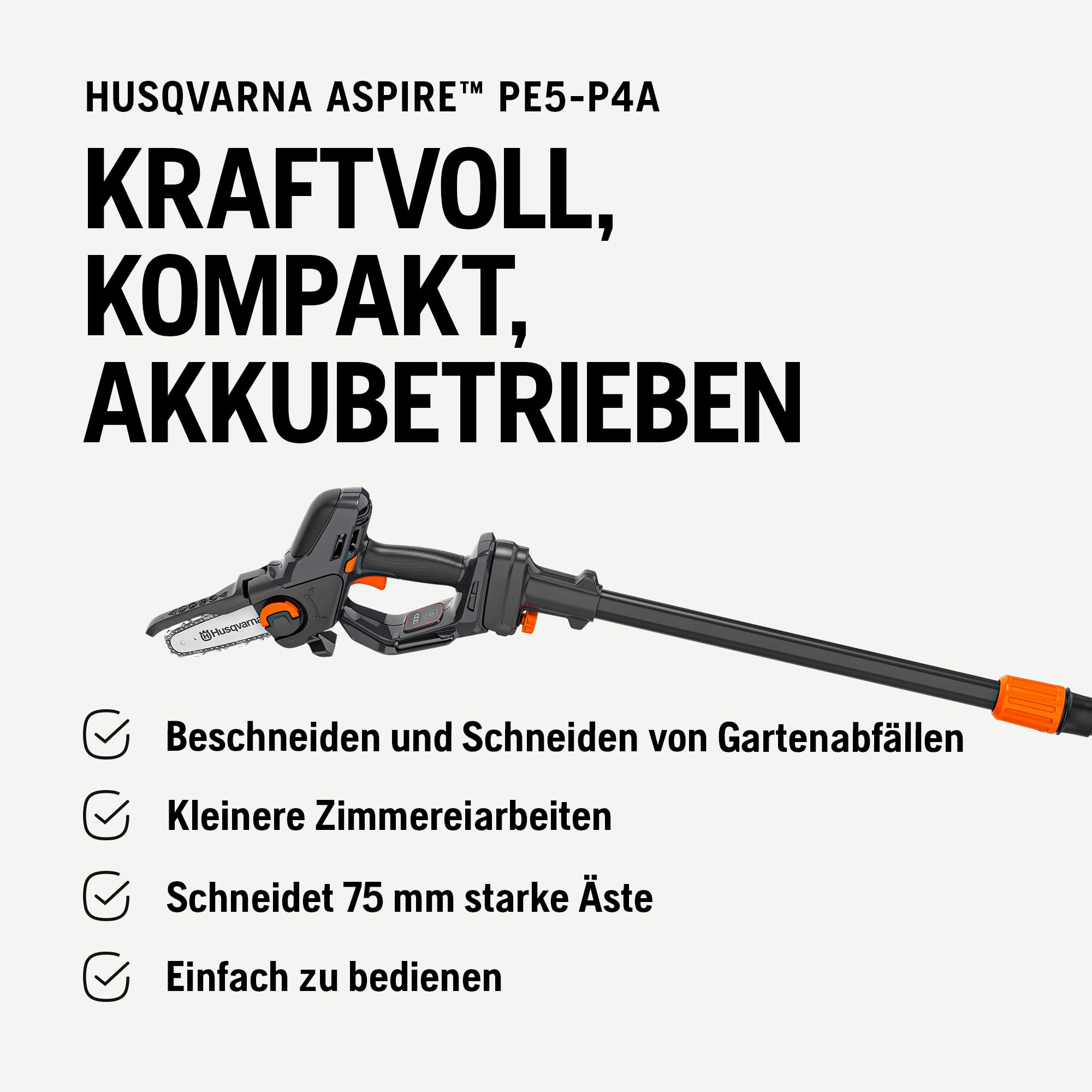 Husqvarna Mini Pilarka Akumulatorowa Aspire P5 z Wysięgnikiem | I nasadka na wysięgnik P4A, wydajna piła do gałęzi do 75 mm