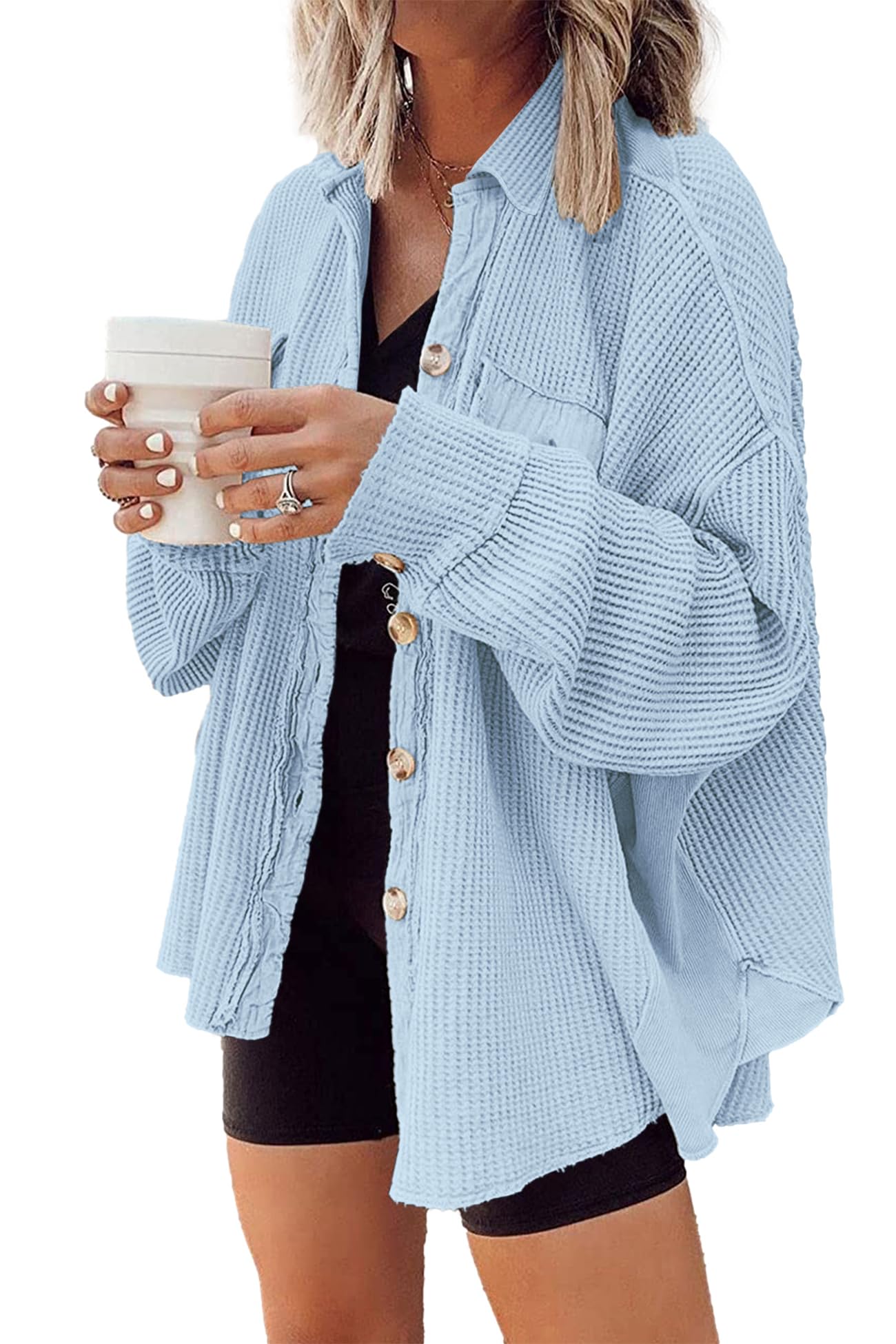 Nirovien Womens Waffle Knit Shacket Oversized Button Down Shirt Jacket Lightweight Spring Outfits Clothes