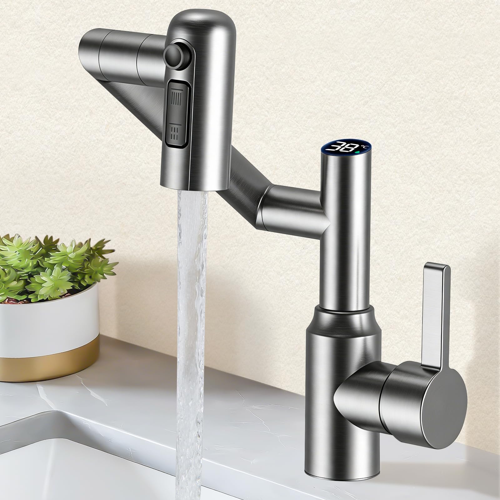 Robinet de lavabo rotatif 1080 auvstar avec affichage de température et 3 modes de jet G1/2