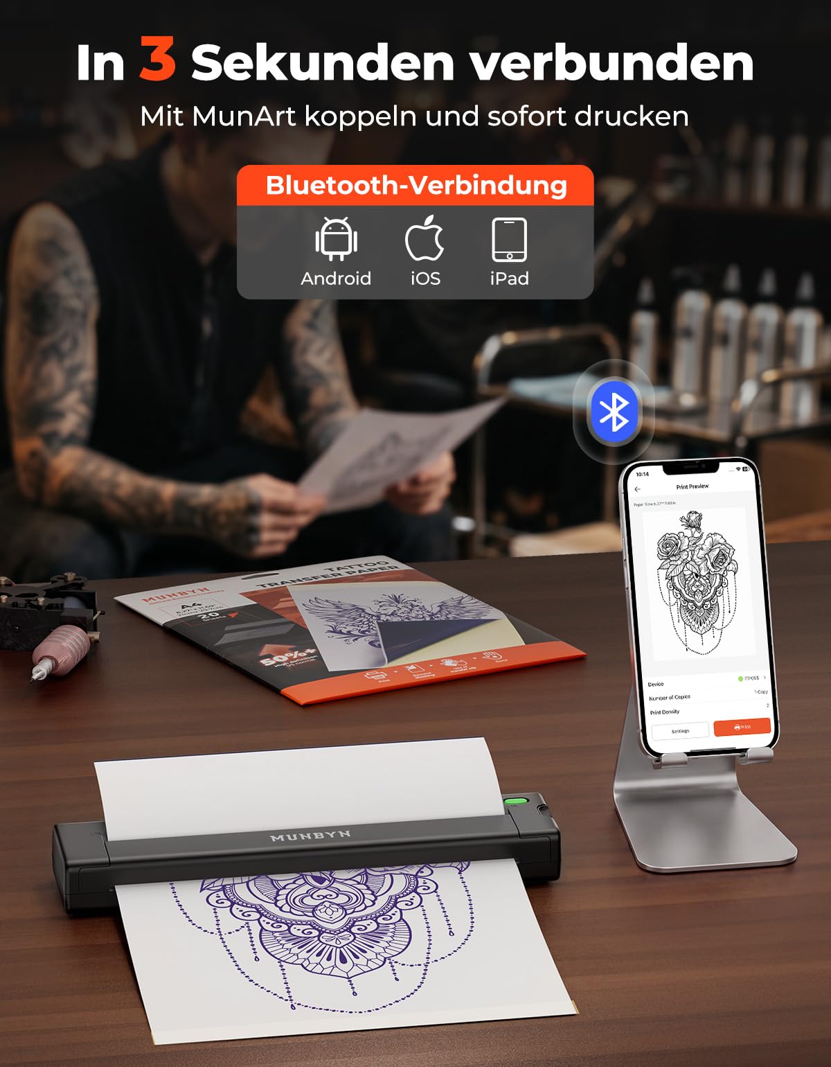 MUNBYN ITP05S Tattoo Drucker Bluetooth, Stencil Drucker, Tattoo Printer Thermodrucker mit 10 Blatt A4 Transferpapier, kompatibel mit Android, iOS, macOS und Windows, Schwarz