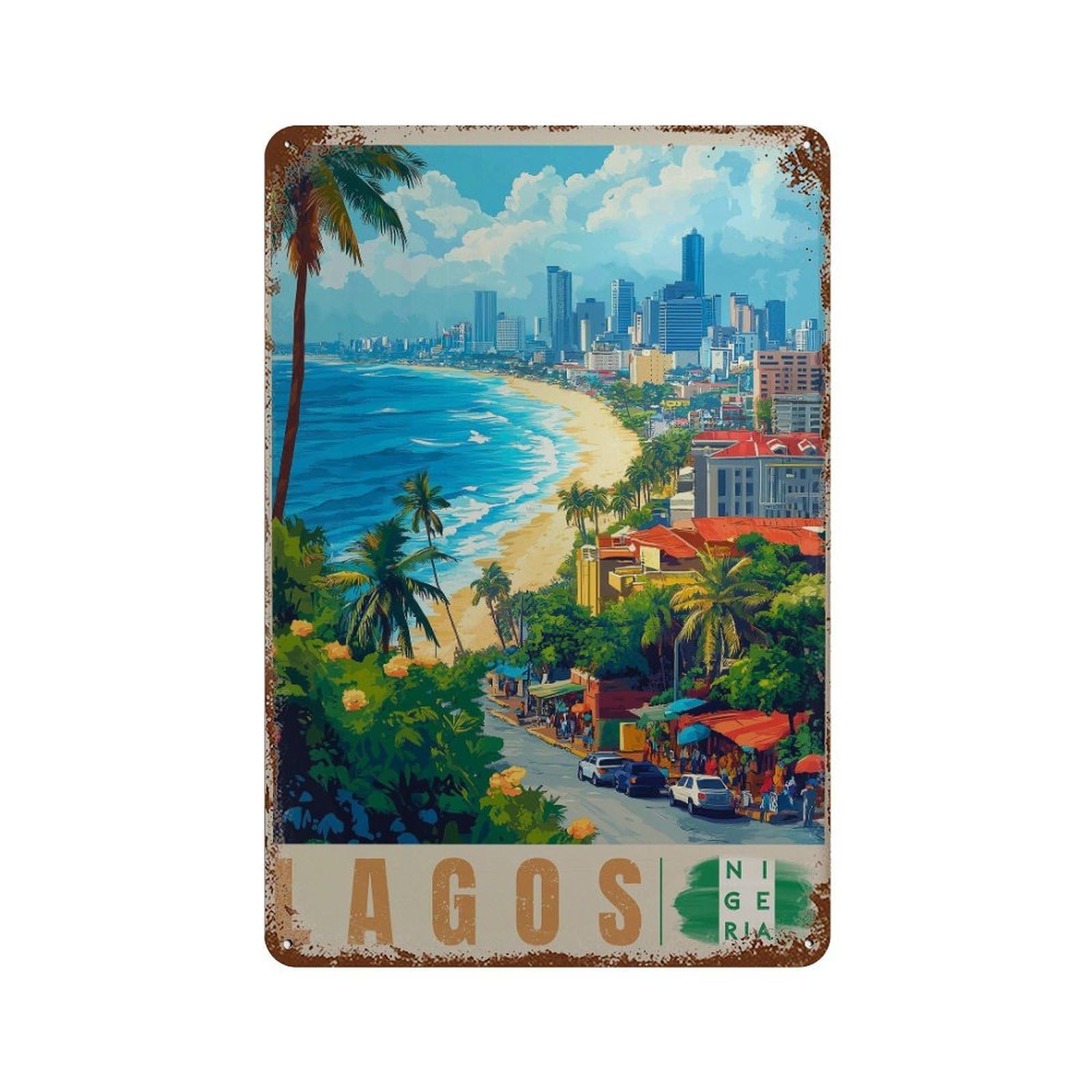 xiaoxiaoshen Lagos Nigeria Travel Vibrant Cityscape Wall Decor Art Metal Tin Poster Modern Home Decor Art Home Bar Shop Decorations Vintage Sign 30x20cm