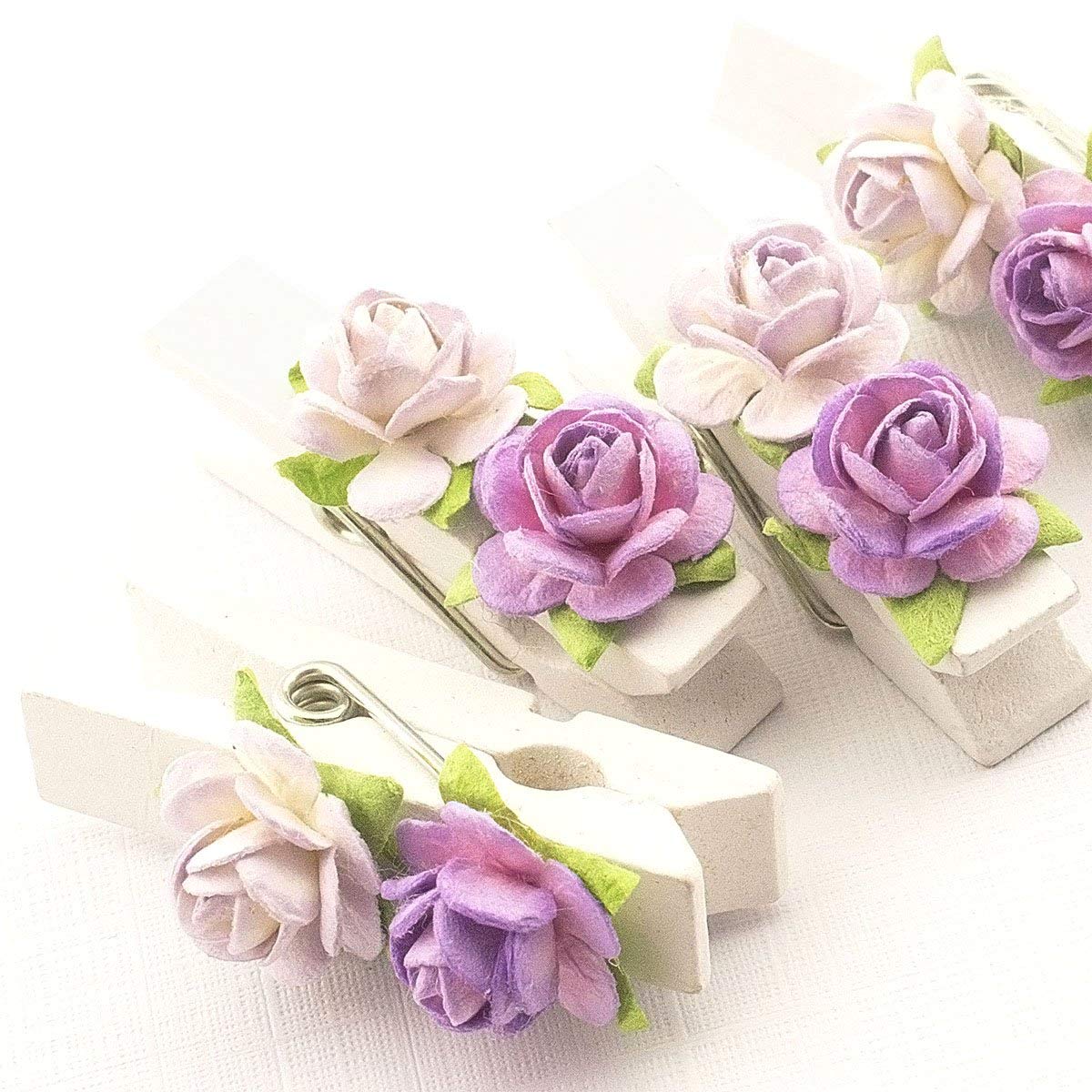 Summer-Ray 50 Handmade Mulberry Flower Decorated Mini White Wooden Clothespin Wedding Favors Decoration (White-Lavender)