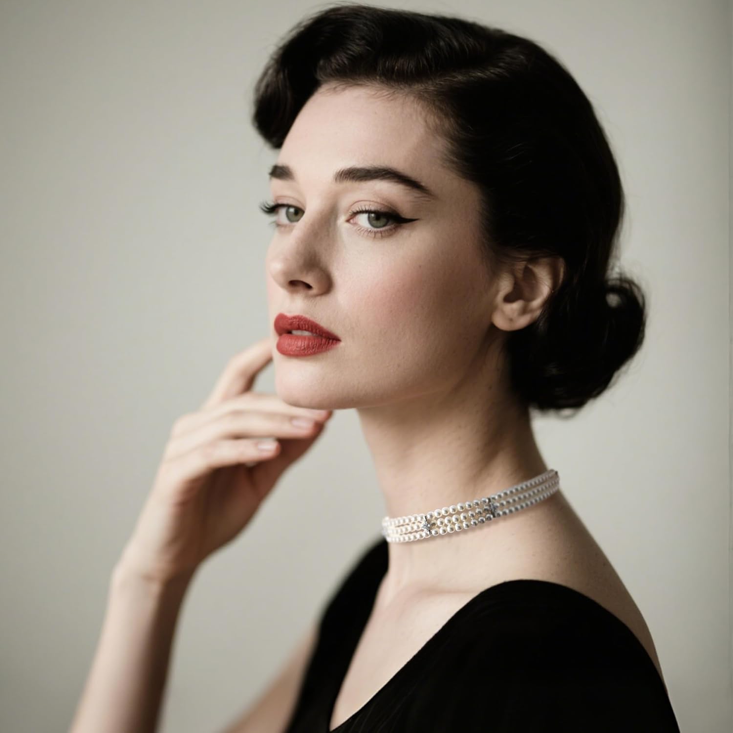 IDOKAWA Boho Round Imitation Pearl Choker Necklace Multi Strands Vintage Choker Plated Silver Chain Bridal Wedding Crystal Necklace for Women